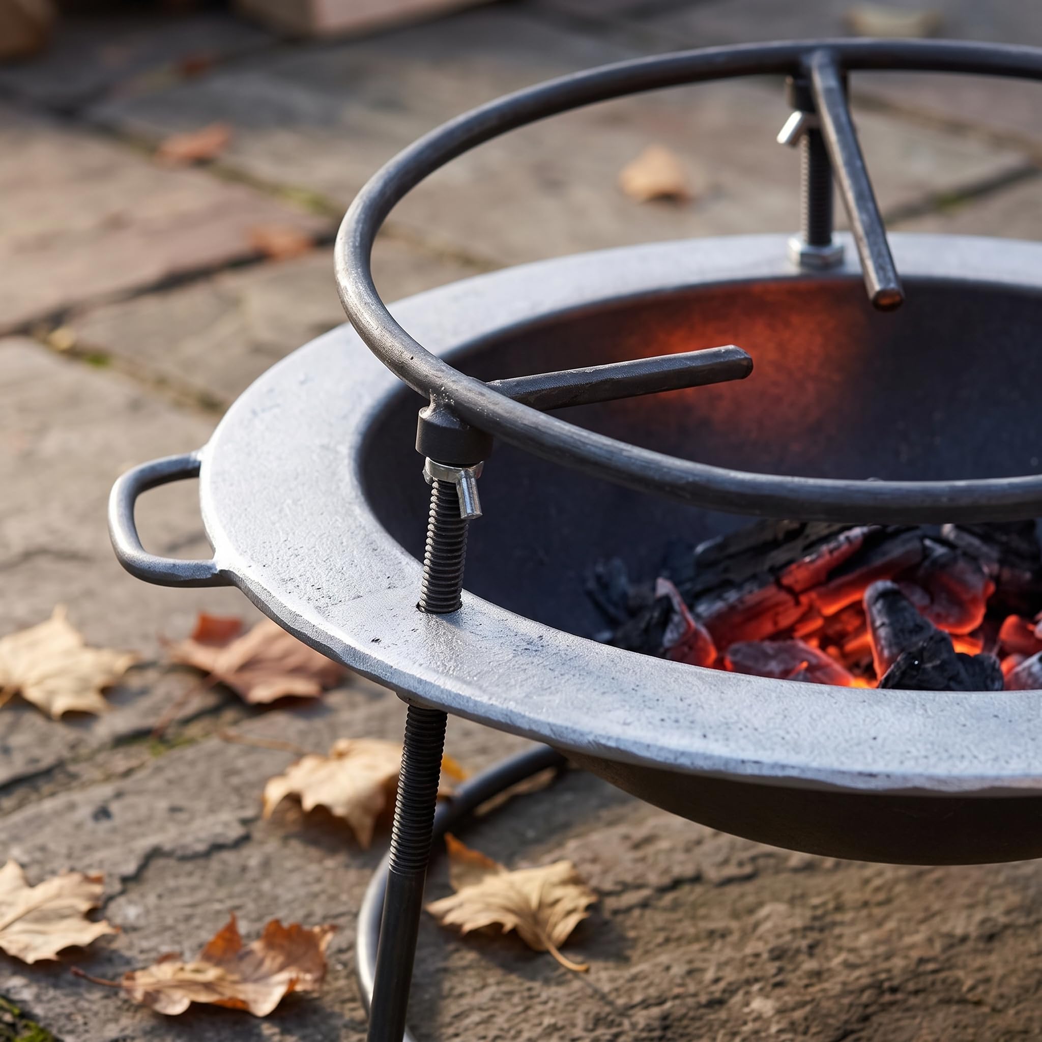Braciere da Esterno Portatile in Metallo per Giardino e Campeggio, Ciotola per Fuoco e Carbone, Bacinella secondaria + supporto per pentola + pinza per carbone a rete rotonda, Diametro 51cm