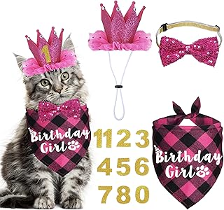 JOTFA Cat Birthday Party Supplies, Cat Birthday Outfits Cat Kitten Birthday Girl Bandanas with Cat Birthday Hat Crown Cat Bow Tie Birthday Number for Cat Kitten Birthday Decorations (Rose)