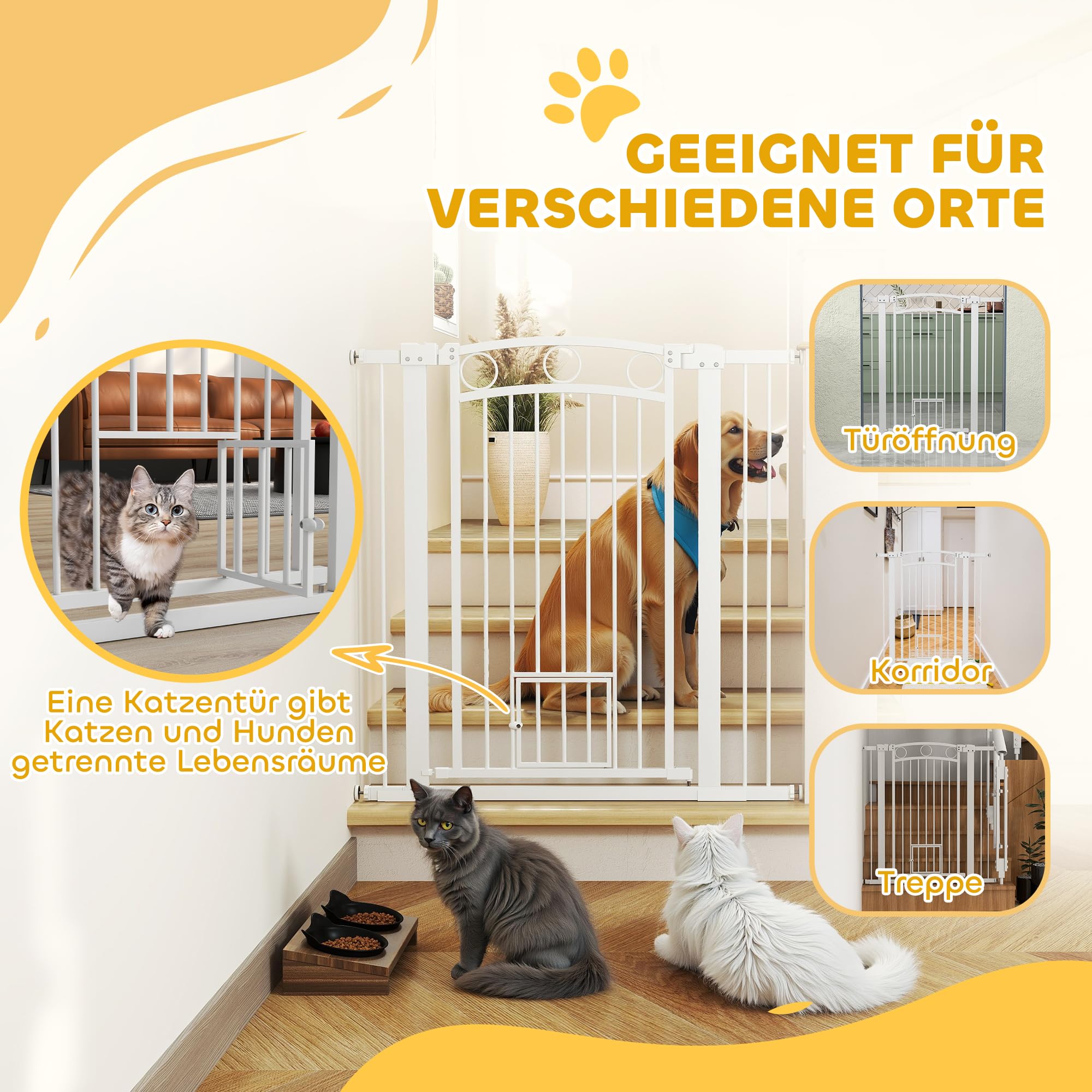 PawHut Puerta Puerta de Seguridad Perro, 76-104 cm Barrera Puerta sin taladrar, Puerta de Escalera de Acero, Puerta de Escalera con Puerta de Gato, Puerta de Seguridad, Puerta de Seguridad para | Barrera de seguridad para escaleras, de acero, con puerta d