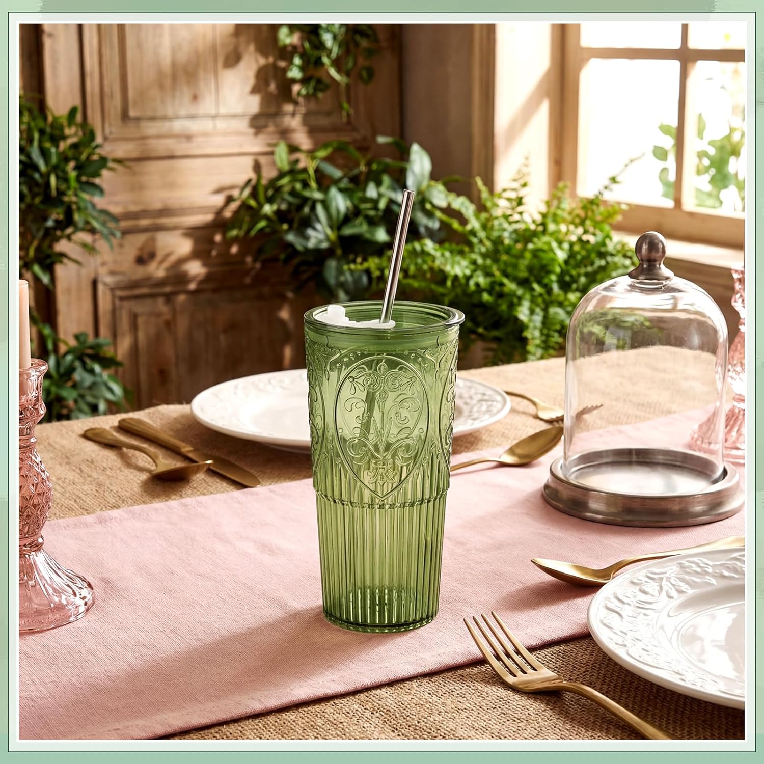 8 Set 20oz Vintage Plastic Tumbler with Lids and Straws Ribbed Floral Drinking Glasses Reusable Iced Coffee Cups for Water Juice Smoothie Cocktail Travel Party Events Gift (Green)