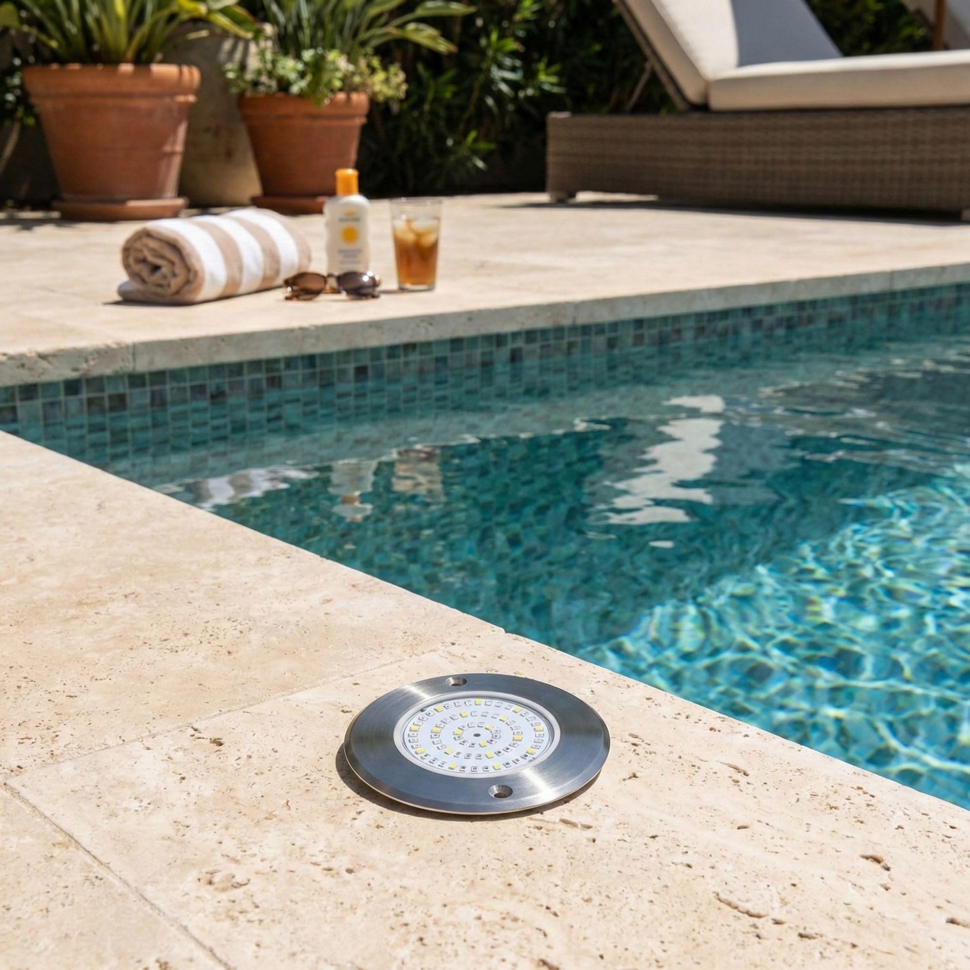 SWIMHOME Warmpool Foco LED Mini Piscina Extraplano, Relleno de Resina, Acero Inoxidable, RGB, Ø11 cm, 6W 12V AC