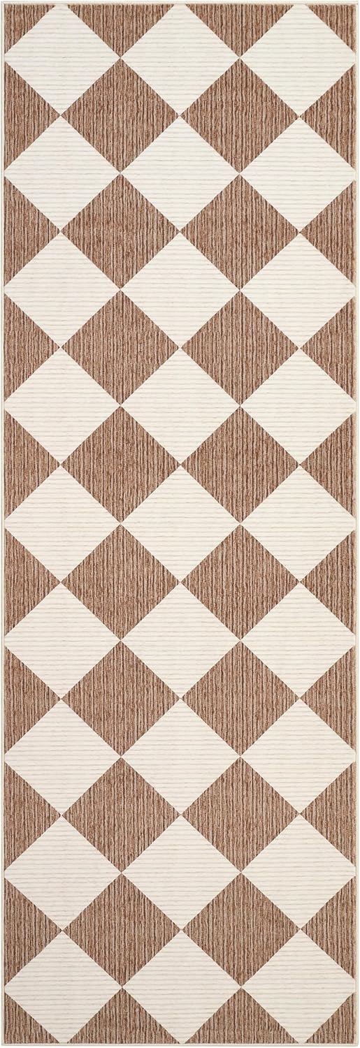 GarveeHome Checkered Rug Runners for Hallways, 2x6 Brown Diamond Print Kitchen Runner Non Slip Backing Entryway Rug Thin Laundry Mat Stain Resistant Carpet for Bedroom Bathroom Beside Mat