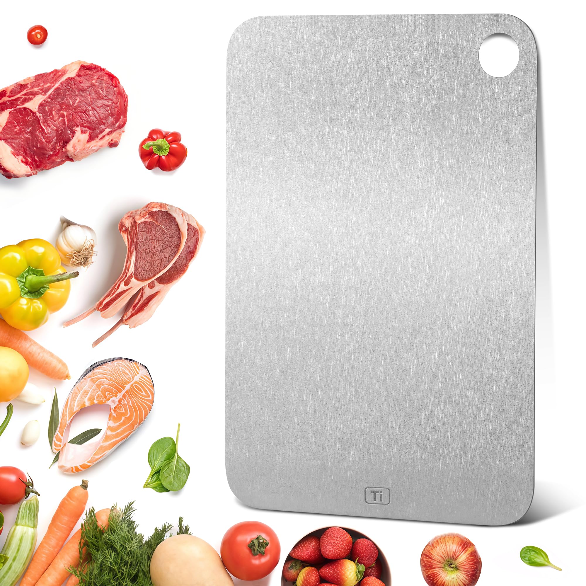 Titanium Cutting Board for Kitchen, 100% Pure Titanium Cutting Boards, Double Sided Food Grade Metal Cutting Board for Meat Fruits and Vegetables, Easy to Clean & Store (L, 14.2"L x 9.8"W)
