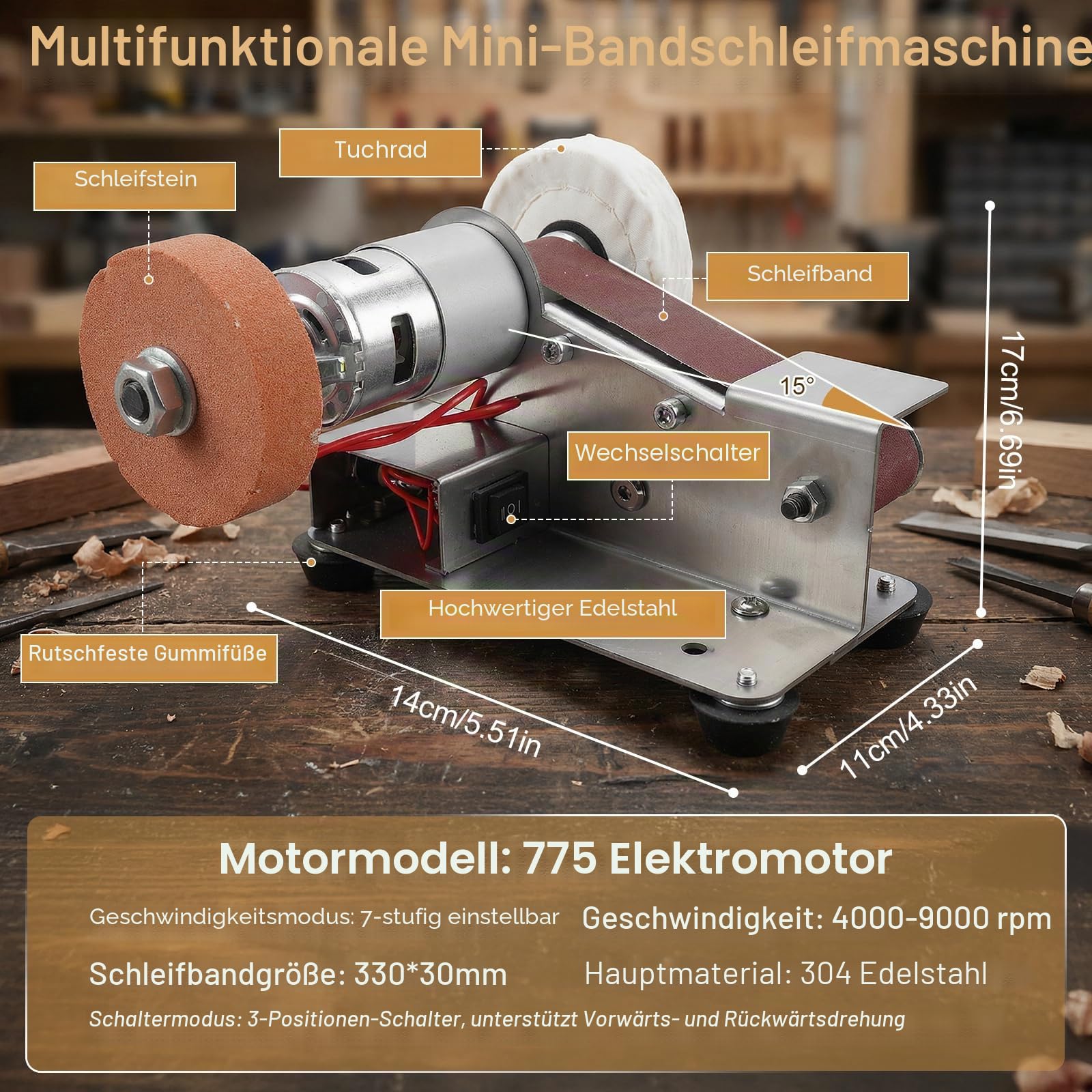 Elektrischer Bandschleifer, Mini-Bandschleifer Poliermaschine, 15-Grad-Messerschärfer with 20 Sanding Belts and 20 Pieces Sandpaper, Belt Sander for Metal Polishing, Wood Polishing and Tool Sanding