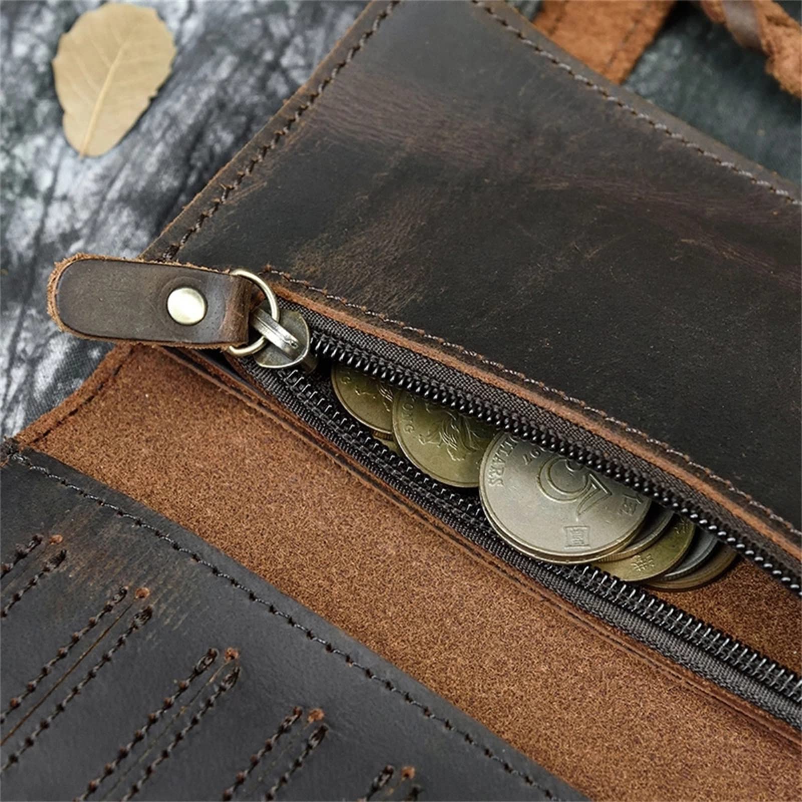 Cartera Cadena Piel Cartera Hombre Piel Doble Plegable con Cadena para Hombres(marrón)