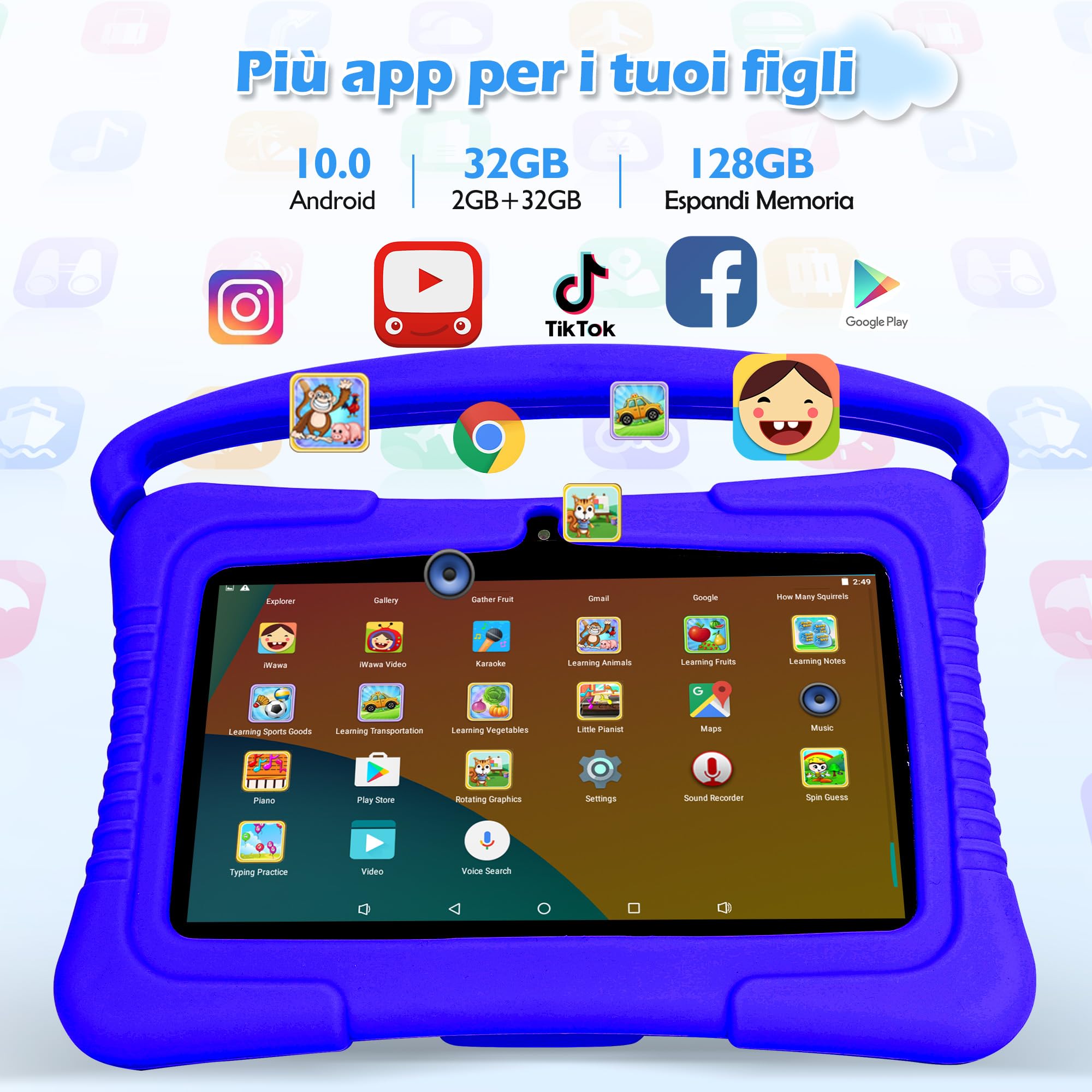 Veidoo Tablet per Bambini, 7 Pollici, Android Tablet PC 2GB RAM / 32GB ROM, Schermo Tattile HD IPS 1024 * 600, Controllo Parentale, WiFi, Type-C, Doppia Fotocamera Tablet Educativo (Blu Scuro)