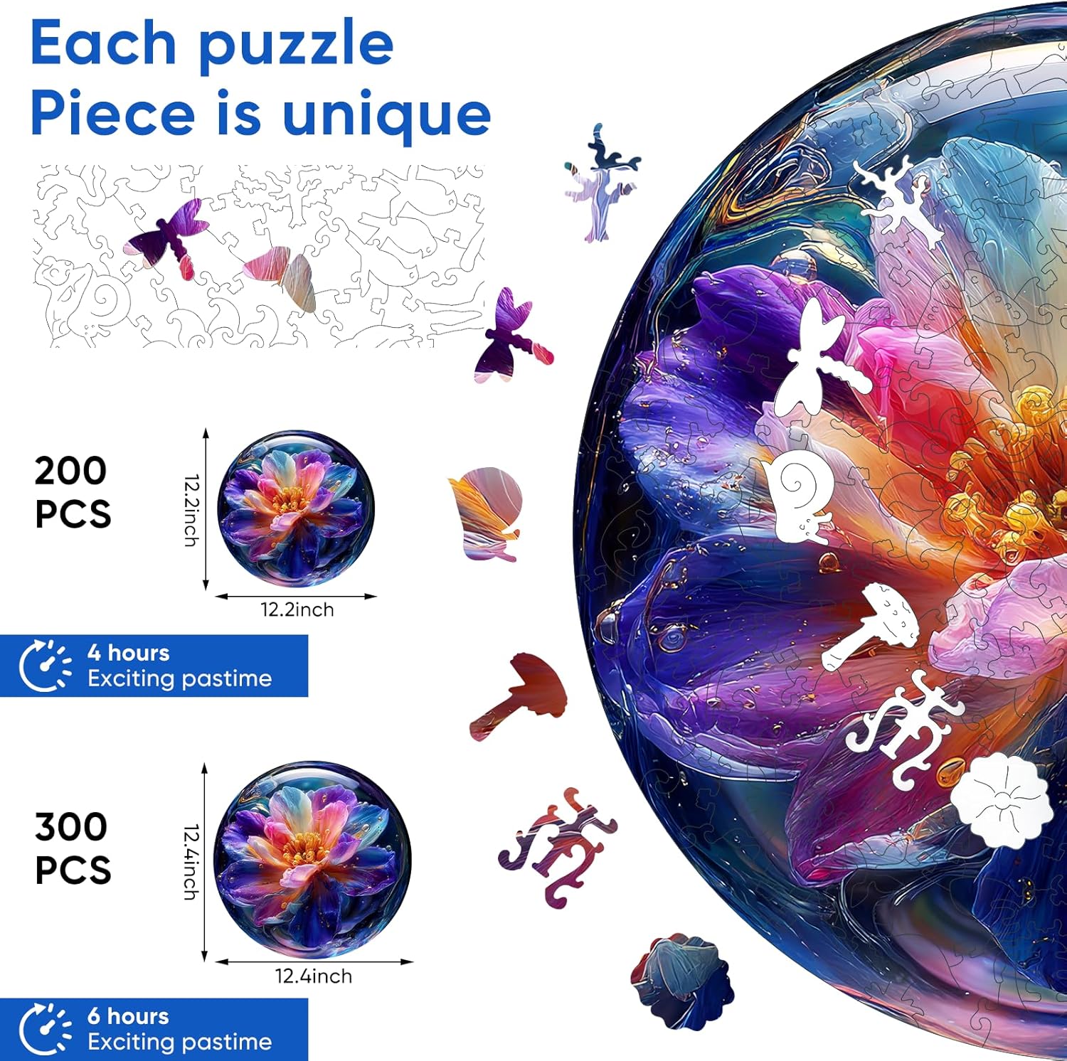 MYS A·U·R Bubble Bloom Wooden Puzzles for Adults, 300pcs, 12.4x12.4in, Unique Design Jigsaw Puzzle, Wood Puzzles Adult and Kids for Family Game Gifts