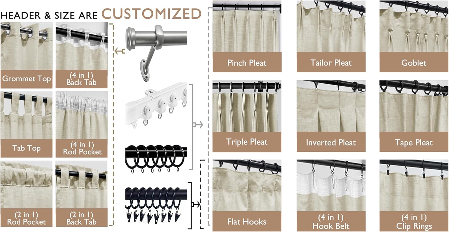 Fcosie Custom-Made Curtains Natural Linen Blend Drapes for Bedroom Living Room, 38 Colors for Choosing, Blackout/Room Darkening Drapery Liner, Multi-Type Header Styles & Size Customizable