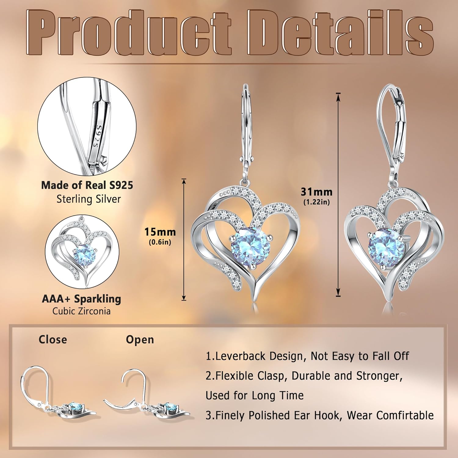 MILACOLATO Valentine's Day Gifts - 925 Sterling Silver Heart Dangle Earrings 14K White Gold Plated Sparkle Birthstone Earrings Sweet Love Heart Leverback Earrings Hypoallergenic Dangle Hoop Earrings for Women