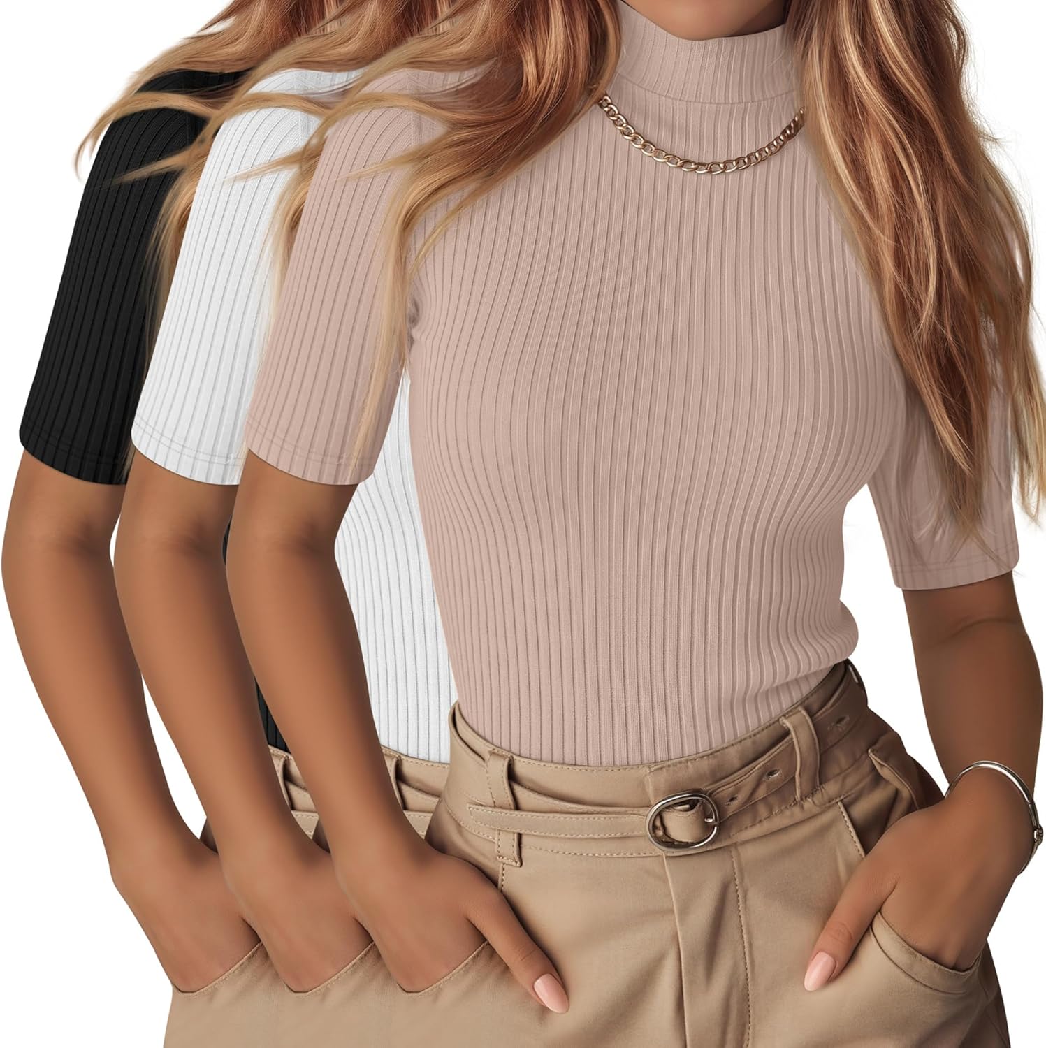 Neer 3 Pack Women's Half Sleeve T-Shirts, Mock Turtleneck Elbow Length Tee Ribbed Slim Fit Casual Summer Tunic Tops