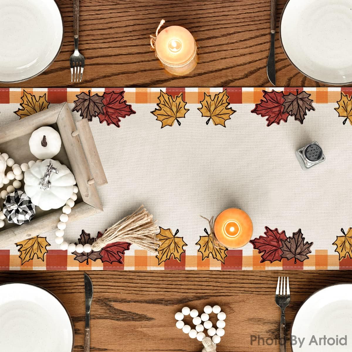 Artoid Mode It's Fall Y'all Maple Leaves Orange Brown Buffalo Plaid Table Runner, Seasonal Autumn Harvest Vintage Kitchen Dining Table Decoration for Indoor Outdoor Home Party Decor 13 x 90 Inch