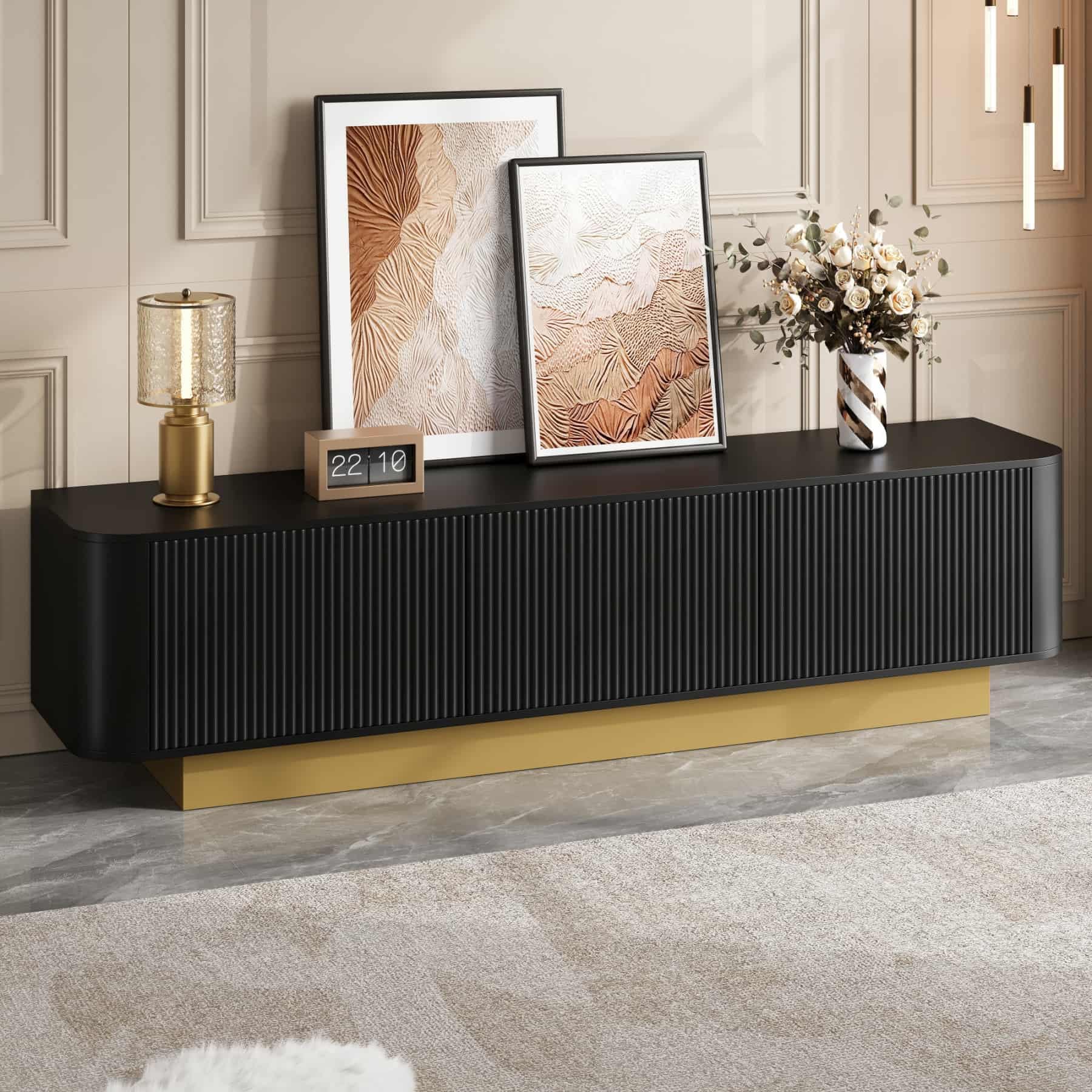 PUGSDRLY Meuble TV Moderne avec étagères réglables et 3 Portes, Meuble TV Bas avec Espace de Rangement,Design sans poignées, pour Salon et Chambres à Coucher,170x40.5x47cm (Noir)