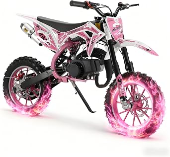 Kids Off-Road Mini Motorcycle, 49cc 2-Stroke Gas Powered Pocket Bike with Front & Rear Disc Brakes, 10" Anti-Slip Off-Road Tires, Upgraded Frame & Chain System, Pull Start for Kids & Youth Pink