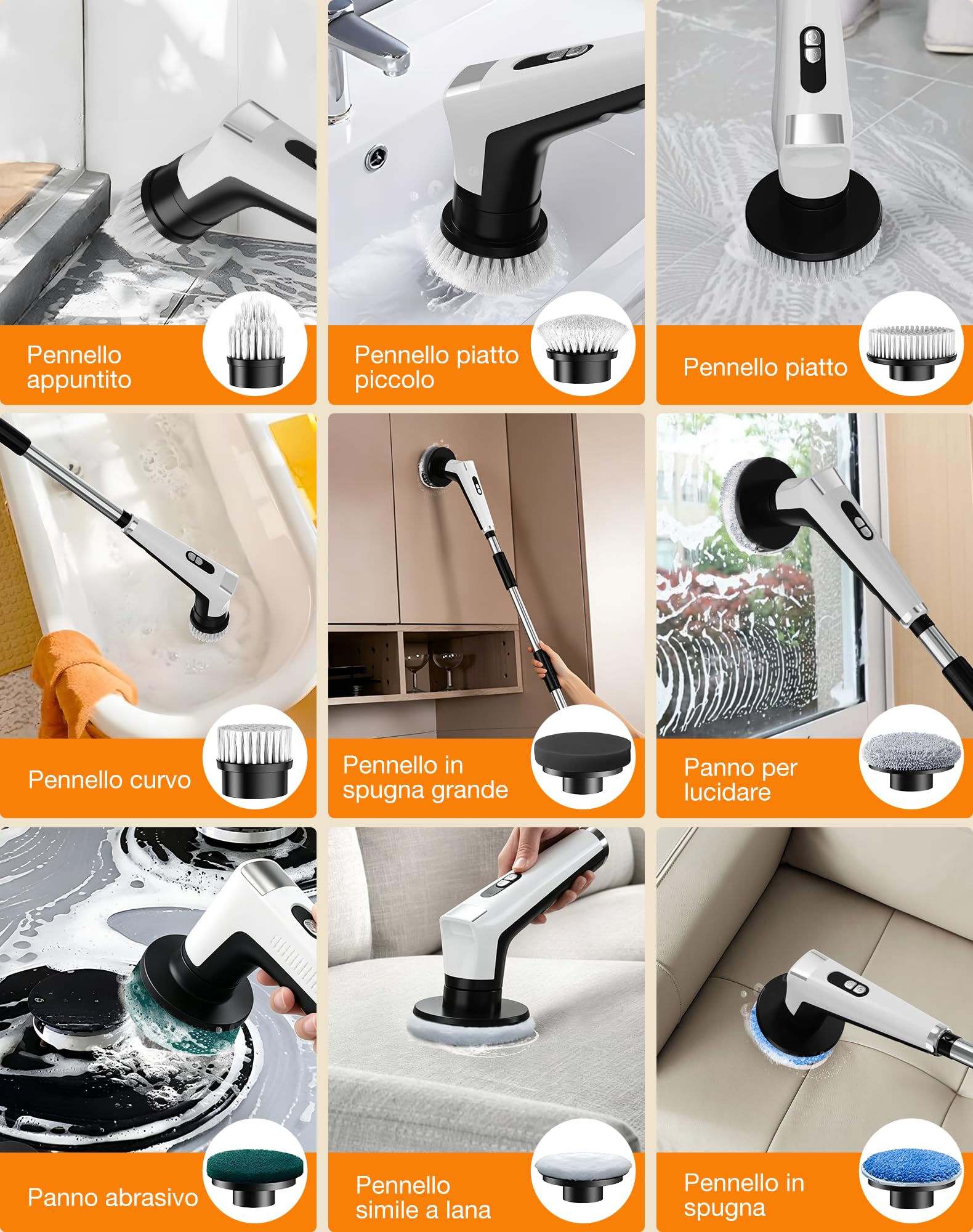 Spazzola Rotante Pulizia Casa con 9 Testine, Manico Estensibile, 3 Velocità, con Illuminazione LED, Batteria da 3000 mAh, Impermeabile IPX8, Spazzola Rotante per Pulizia per Bagno, Cucina, Pavimenti