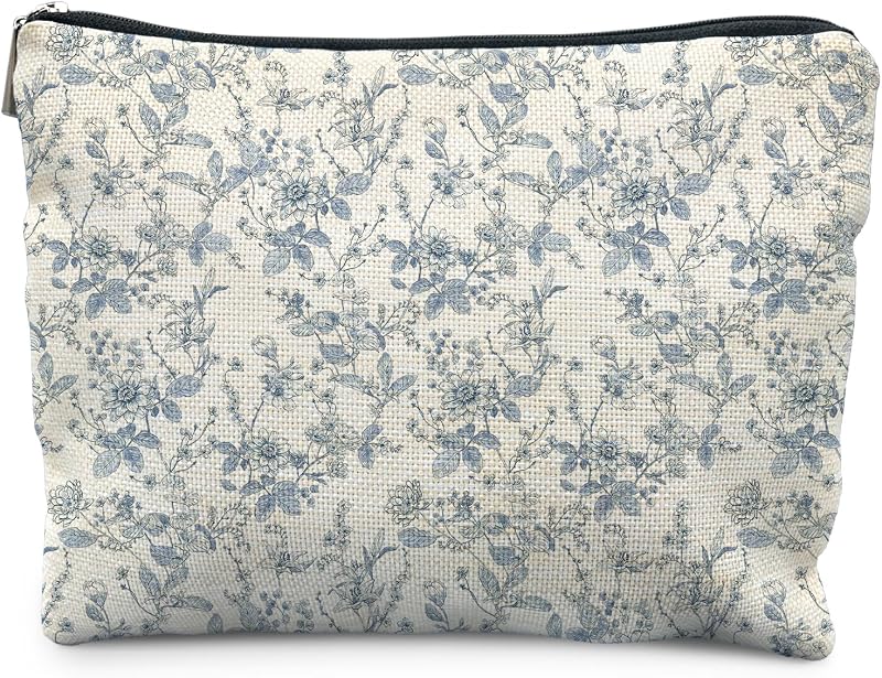 Necessaire de maquiagem PQKIY azul com estampa floral Chinoiserie e zíper