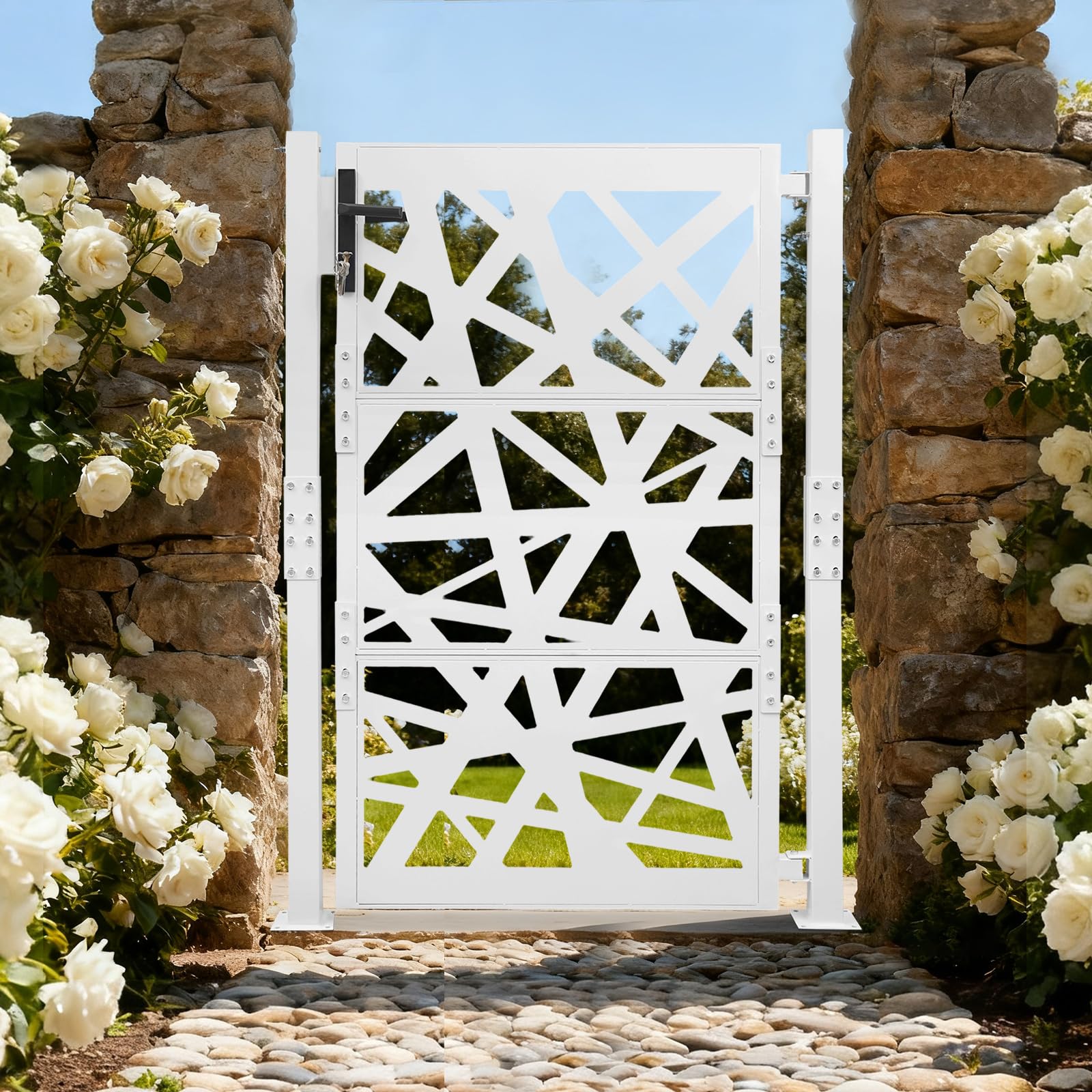 Cancello da giardino in acciaio, con serratura a chiave, in metallo, per giardino, cortili, terrazze (bianco, 105 x 150 cm)