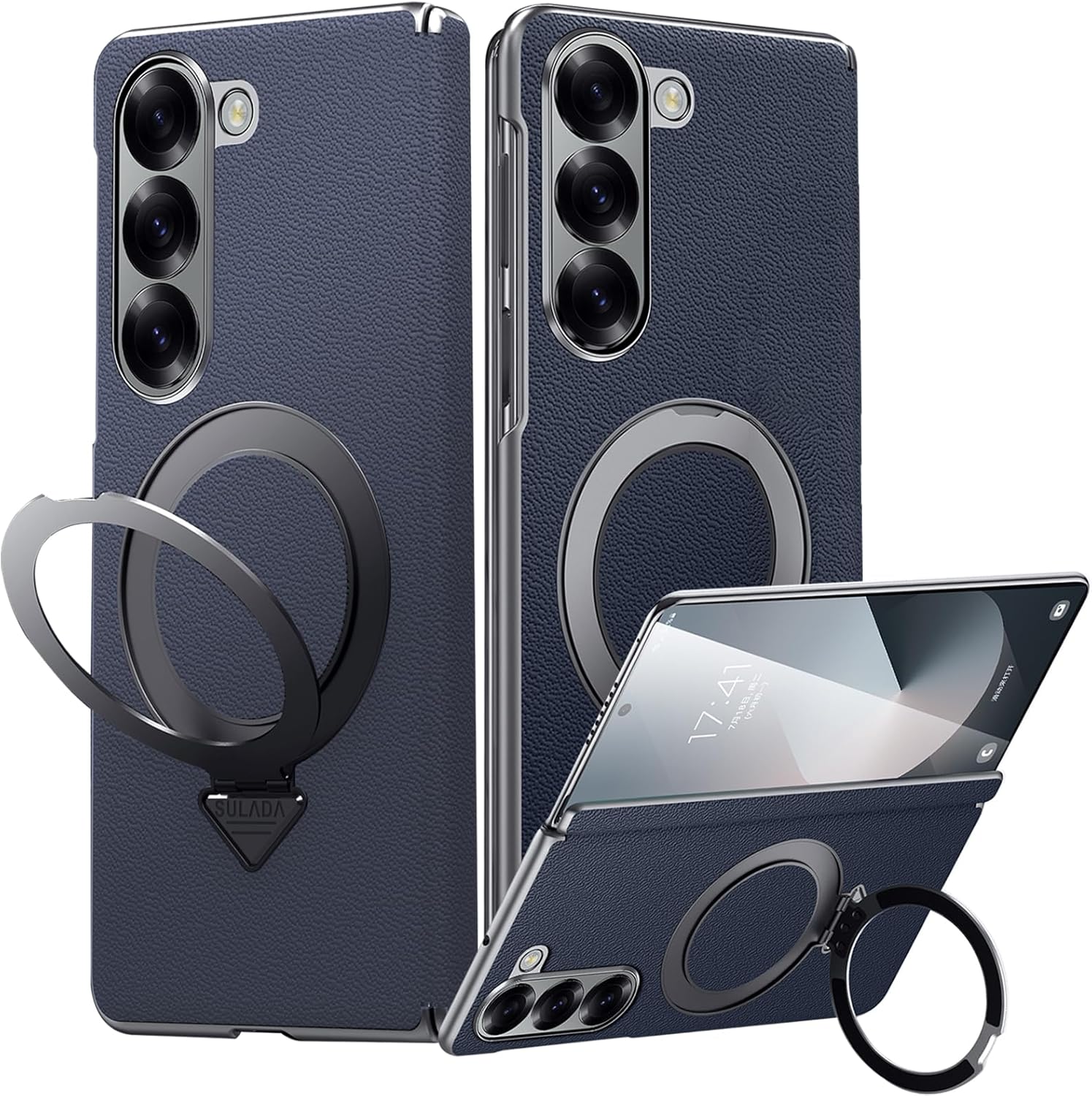 for Samsung Galaxy Z Fold 7 Case with Ring Stand, [ONLY Back Case] Genuine Leather Magnetic Case Compatible Magnetic Accessorie Hinge Protector Cover Slim Leather Back Cover for Z Fold 7 Blue