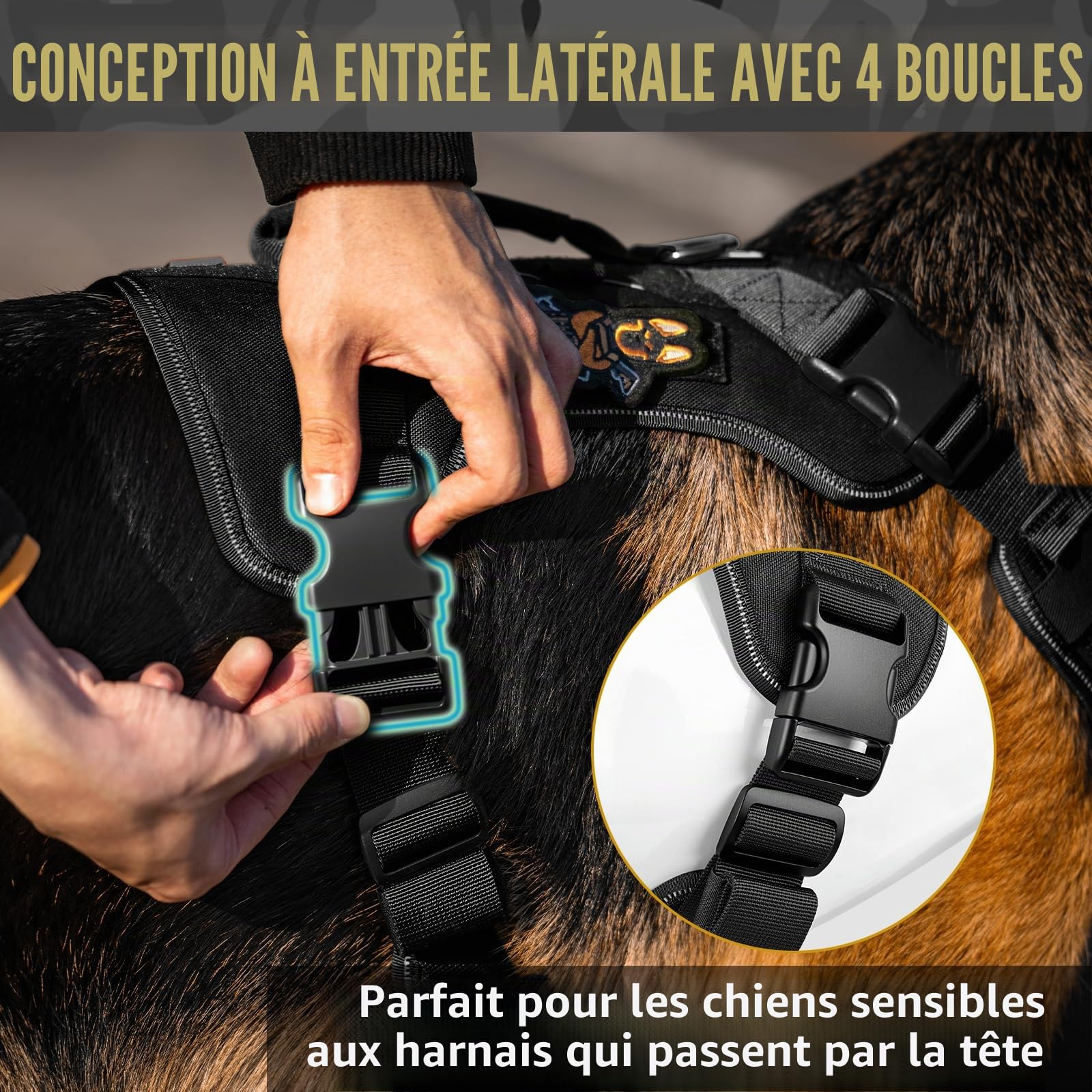 OneTigris Tactilite Harnais Tactique Durable pour Chien de Grande Taille, Anti-Traction, Harnais de Poitrine réglable sans Traction, avec 4 Anneaux en D, Bandes réfléchissantes, Noir, Taille XL