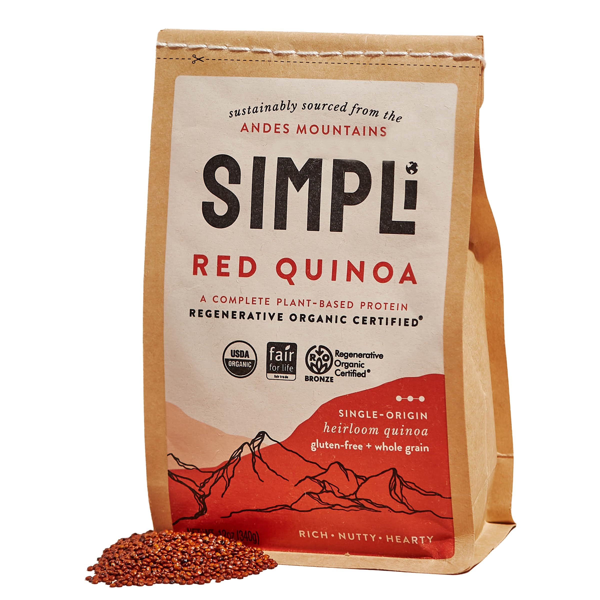 SIMPLi Regenerative Organic Certified Red Quinoa, Organic Quinoa Ancient Grain, Naturally Gluten-Free and High in Fiber, Complete Plant Protein with Rich Nutty Flavor, 12 OZ