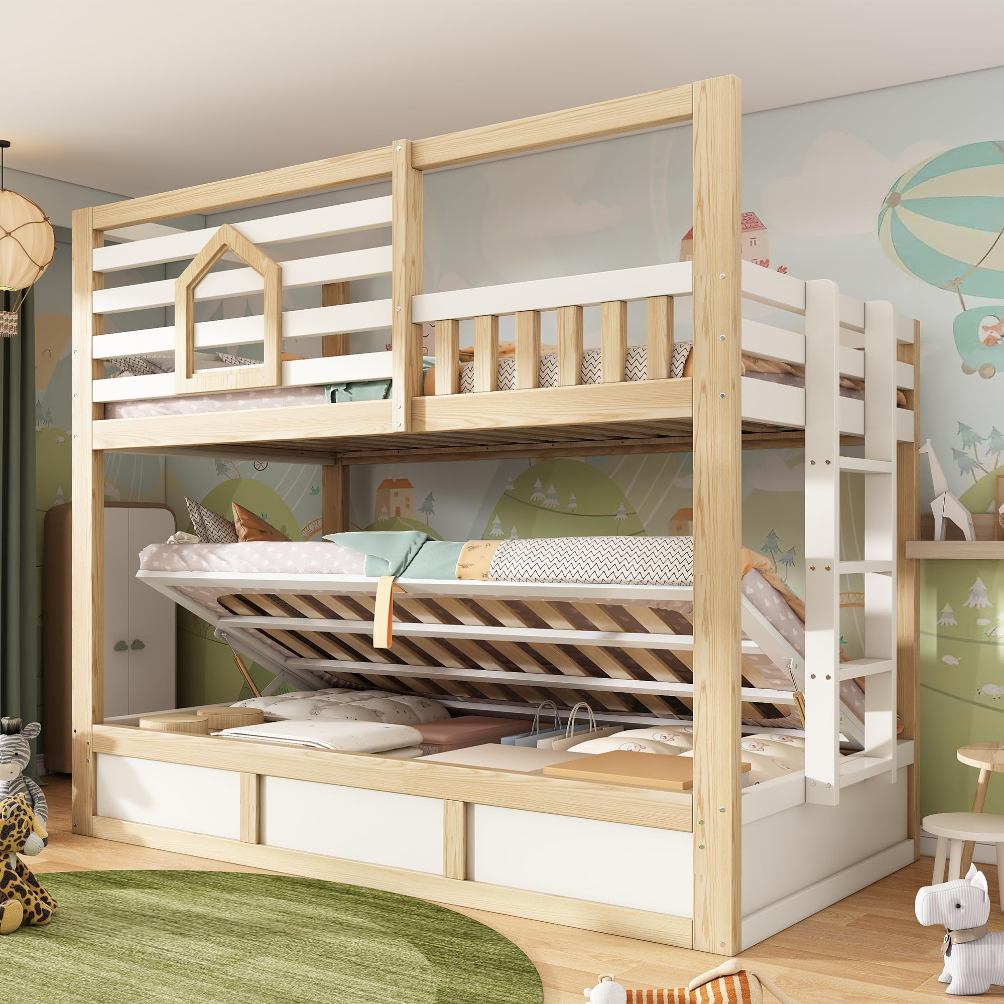 Sapgaks Lit superposé Enfant 90x200 avec fenêtre,barrière de sécurité, échelle Droite,Espace de Rangement hydraulique,lit cabane Enfants,Cadre de lit Enfant 90x200 (G-Blanc+Chêne 90)