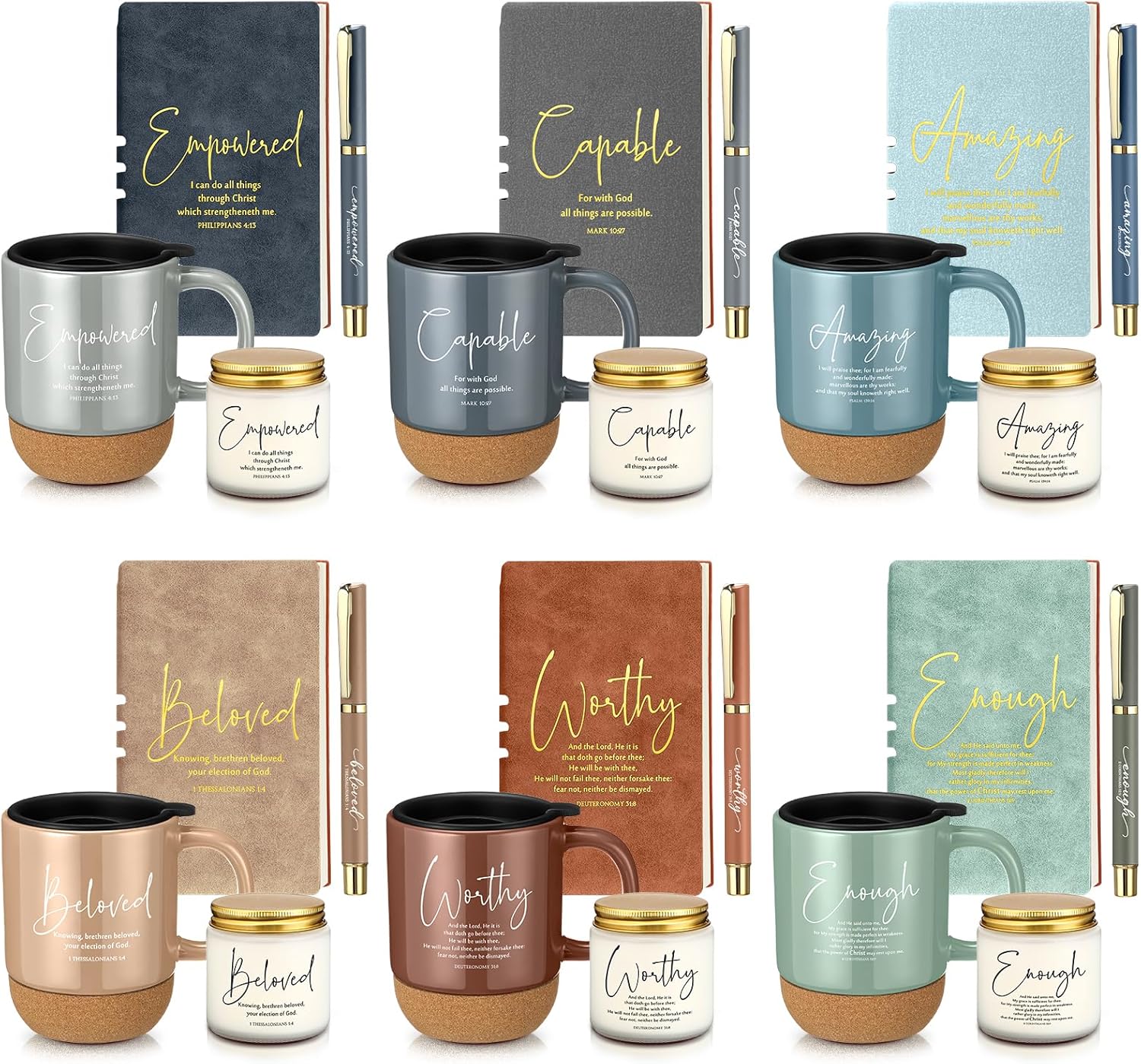 6 Set Christian Gifts Bulk 15 oz Ceramic Bible Verses Coffee Mug A6 Leather Journal with Pen and Scented Candle Inspirational Religious Gift for Women Men Pastor Church (Vivid Color)