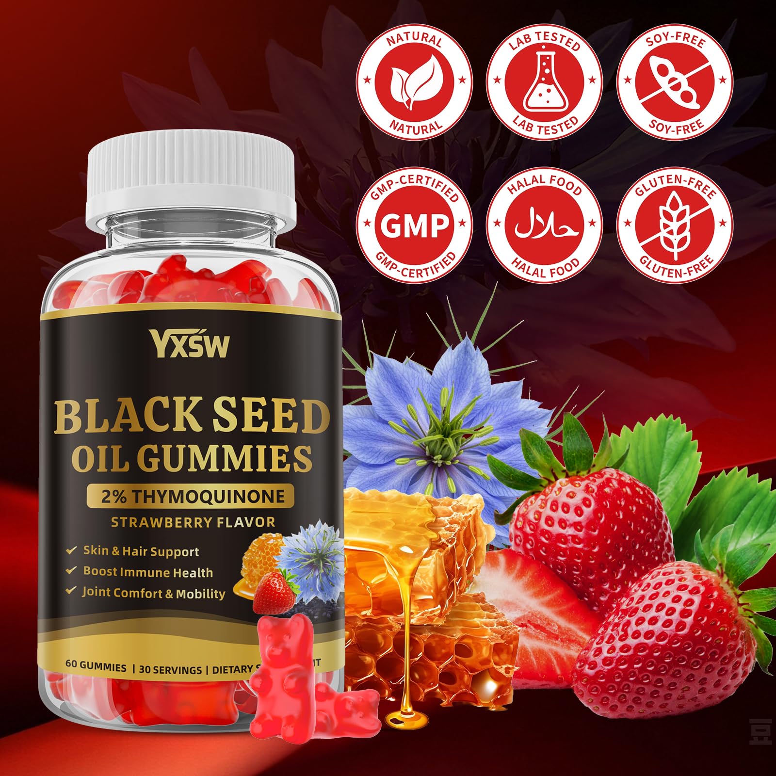 Black Seed Oil Gummies 500mg with Honey and 2% Thymoquinone, Nigella Sativa Seeds for Boost Immune Health, Joints, Digestion, Hair & Skin, Strawberry Flavor, 60 Count — Amazon image 7