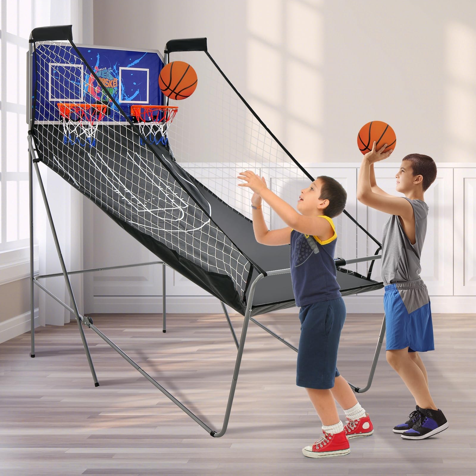 LIFEZEAL Basketball-Arcade-Spiel, Faltbar Basketballautomat für 2 Personen, Elektronische Basketballwurfmaschine mit 2 Basketballkörbe, 8 Spielmodi & Zähler, 4 Bälle, 1 Pumpe