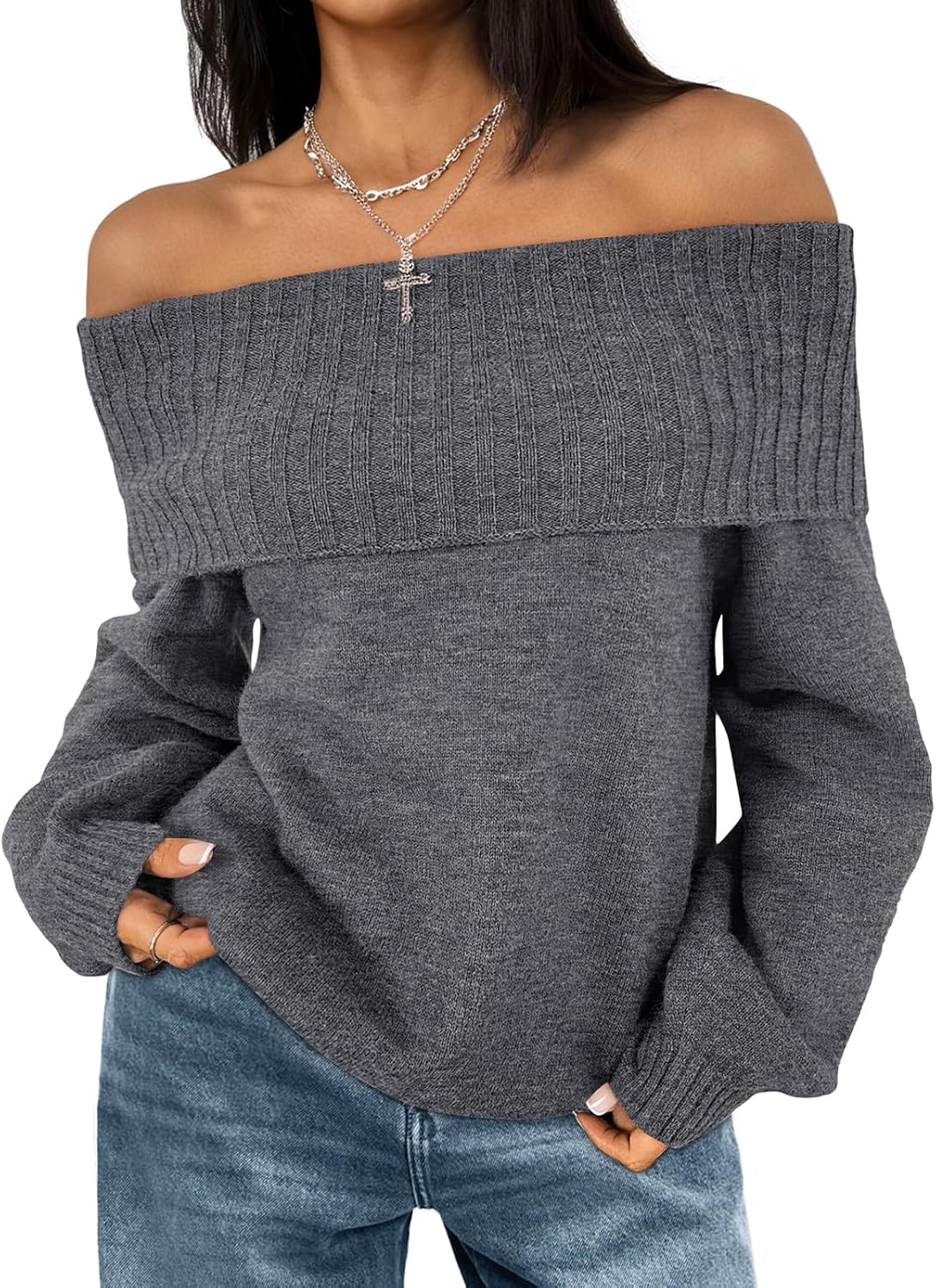 LILLUSORY Off The Shoulder Sweater Womens Oversized Loose Knit Chunky Pullover Sweaters Long Sleeve Top