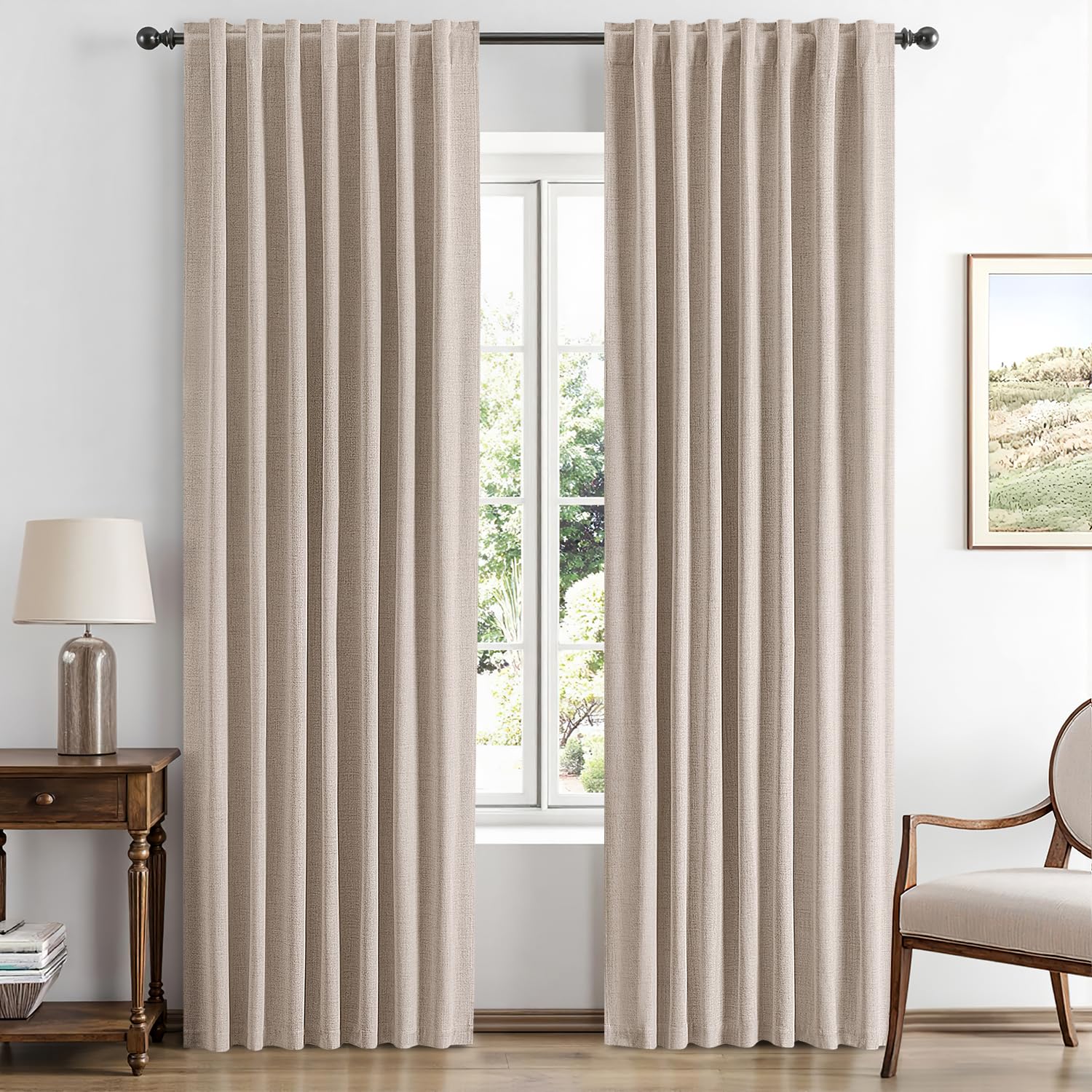 MIULEE 100% Blackout Linen Curtains for Bedroom, Beige Solid Luxury Decor Thermal Insulation Room Darkening Drapes for Living Room Nursery Back Tab
