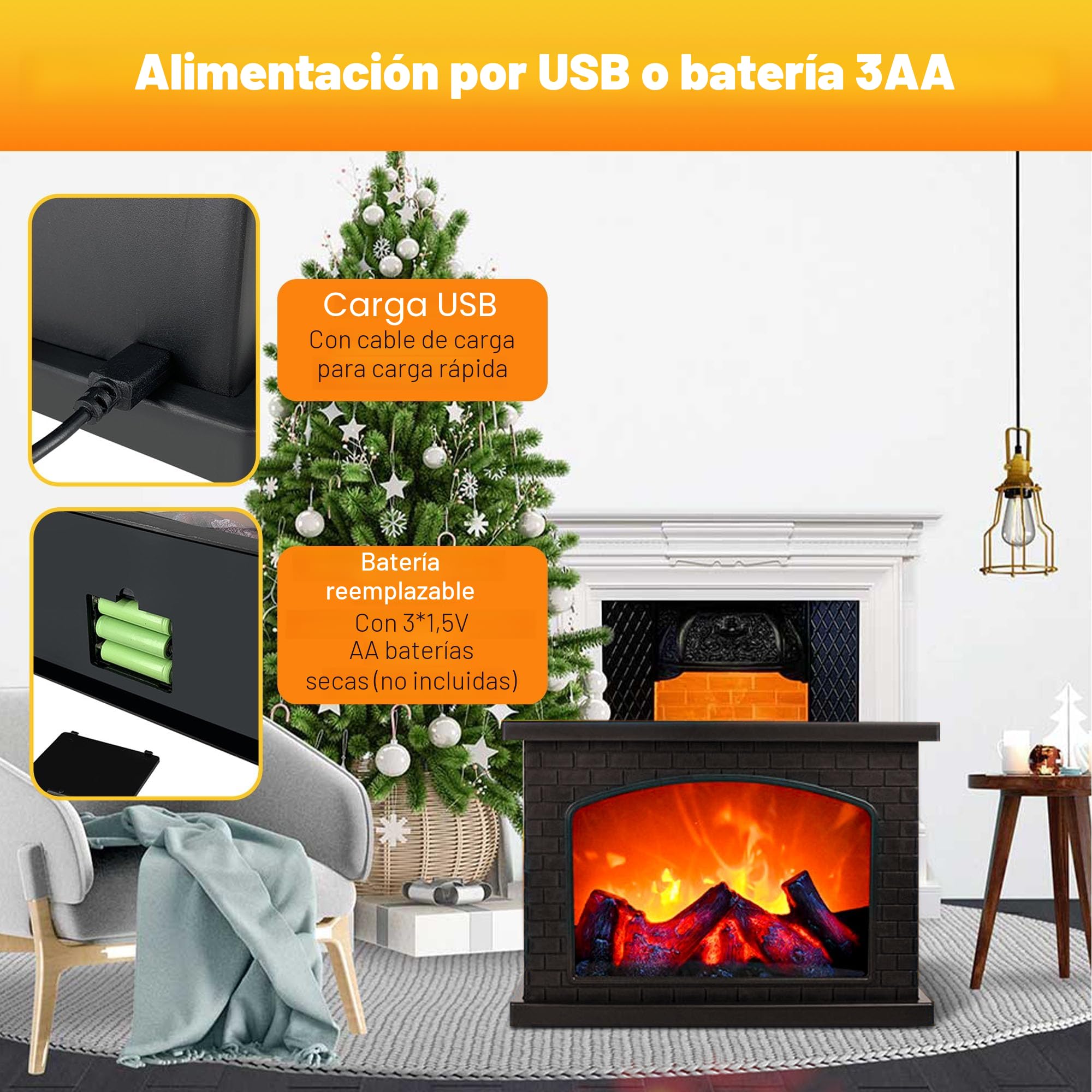 Lámpara LED de Chimenea Con Control Táctil - Efecto Llama, USB y Baterías - Simulación de Chimenea Para Decoración del Hogar