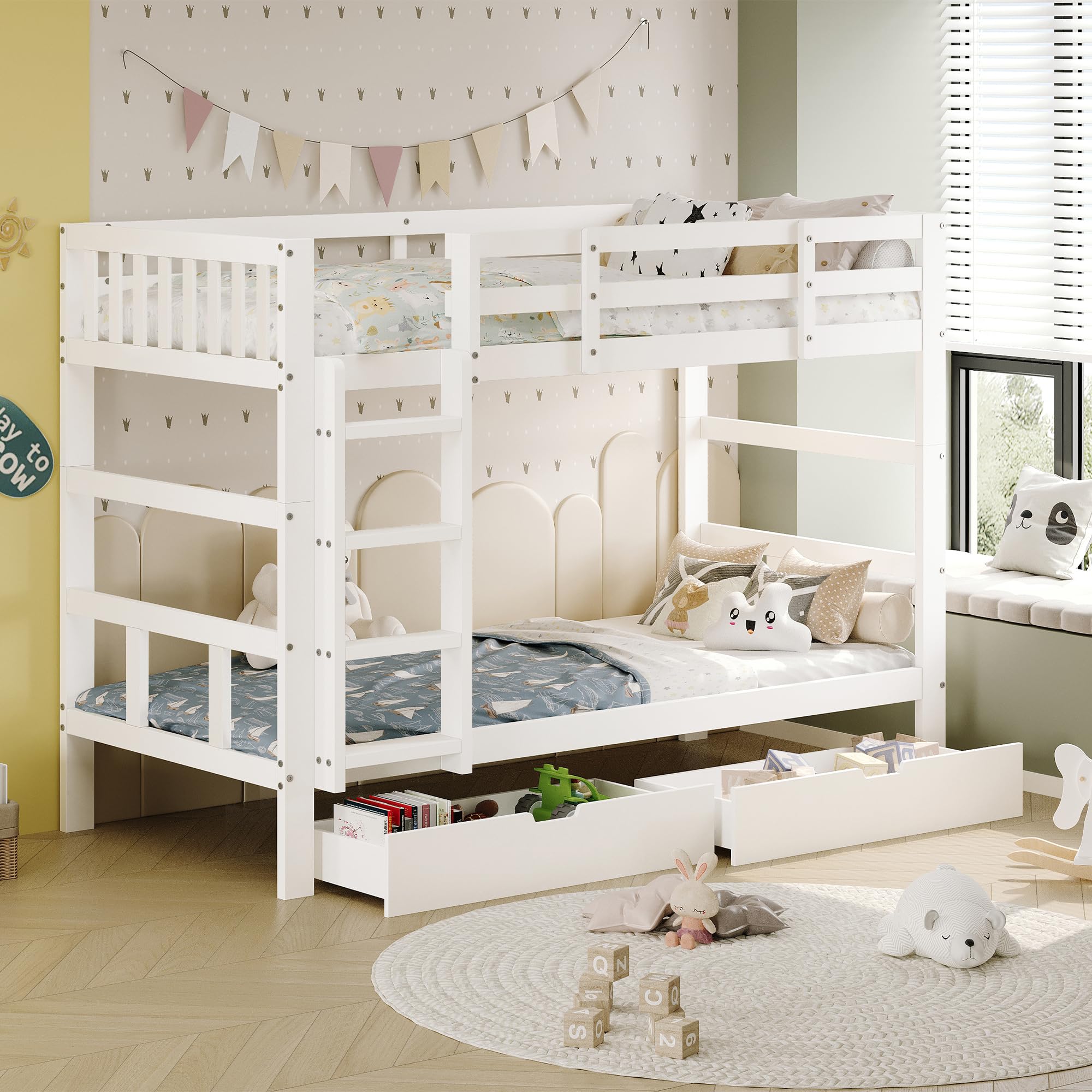 Hochbett Kinder 90x200, Etagenbett Kinderbett, Hochbett Stockbett mit Rausfallschutz und 2 Schubladen, Funktionsbett Jugendbett mit Lattenrost, umbaubar in Zwei Kinderbetten