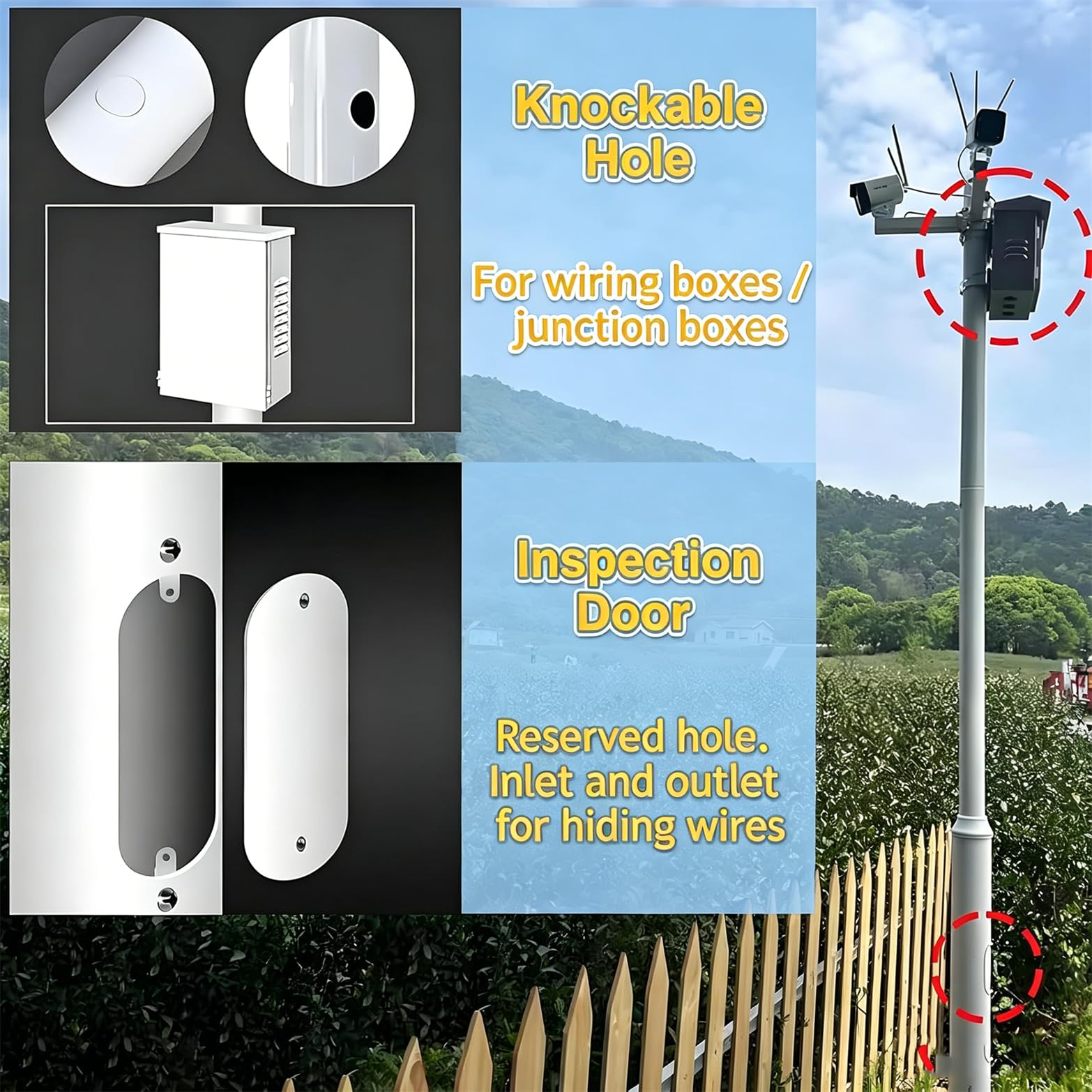 Support de caméra de sécurité avec support universel et piquet, hauteur réglable de 2 m pour la surveillance extérieure et l'inspection du toit, design toutes saisons