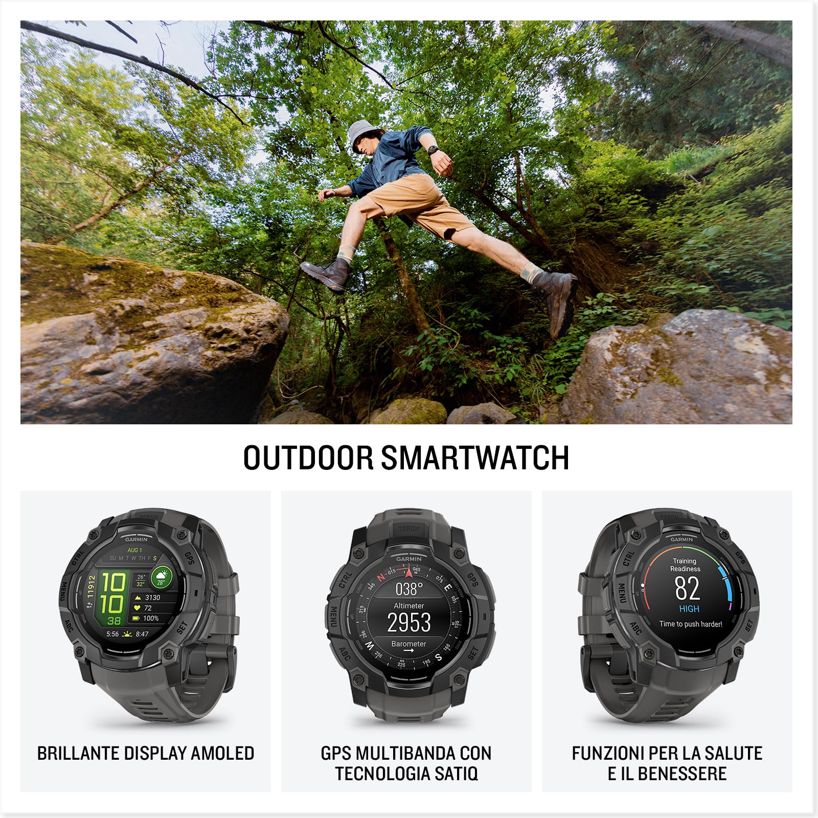 Garmin Instinct 3, Smartwatch, 50mm, Display AMOLED 1,3", Lunetta in metallo, 10ATM, GPS Multi-band, Torcia LED, 90+ App per lo Sport, GarminPay, Connect IQ, Autonomia 24 giorni (Black & Charcoal) - 3