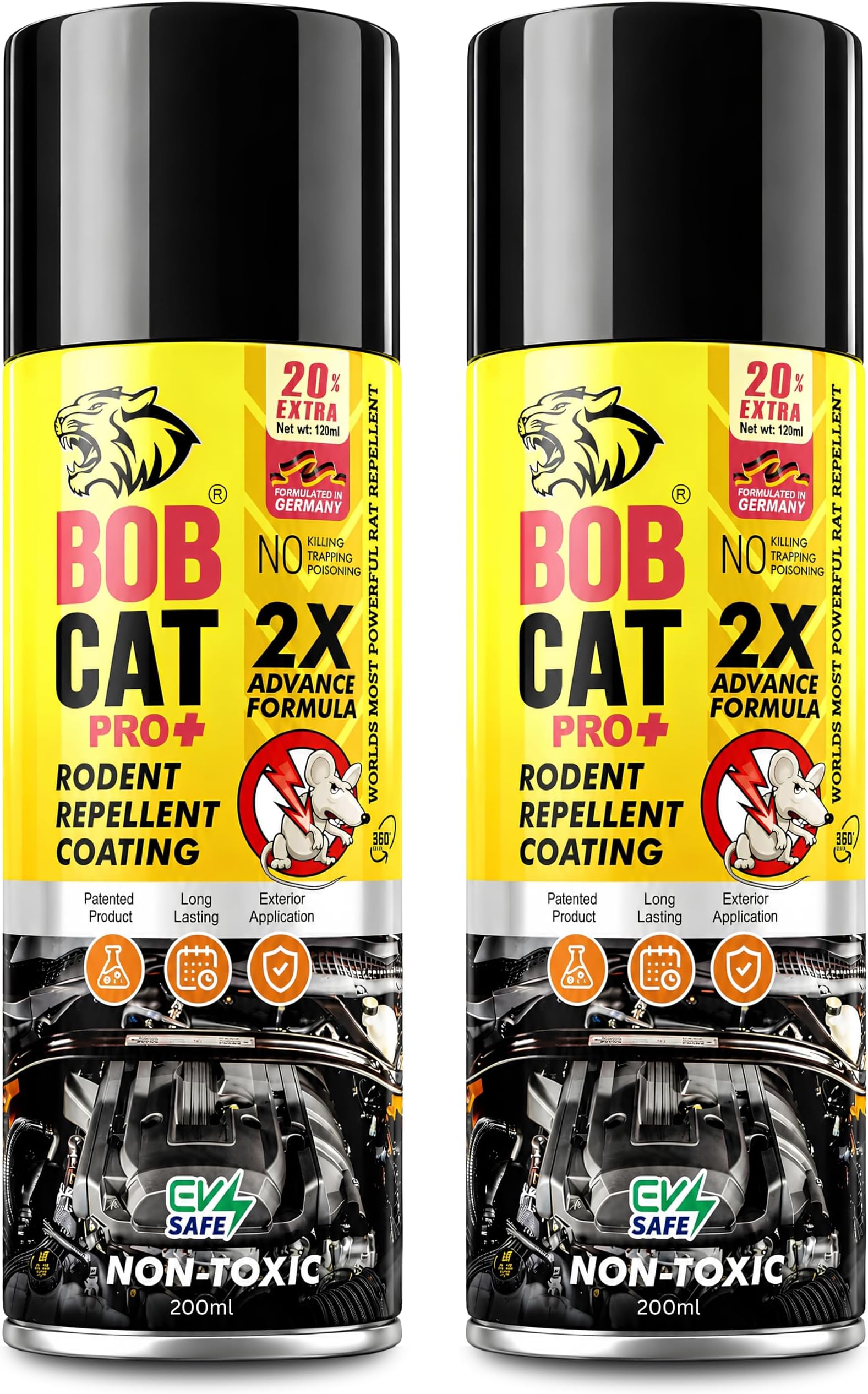 BOB CAT Highly Effective No Entry Rat Repellent Spray for Cars with Mask and Gloves (Black, 200 ml Pack of 2) - FORMULATION 10X
