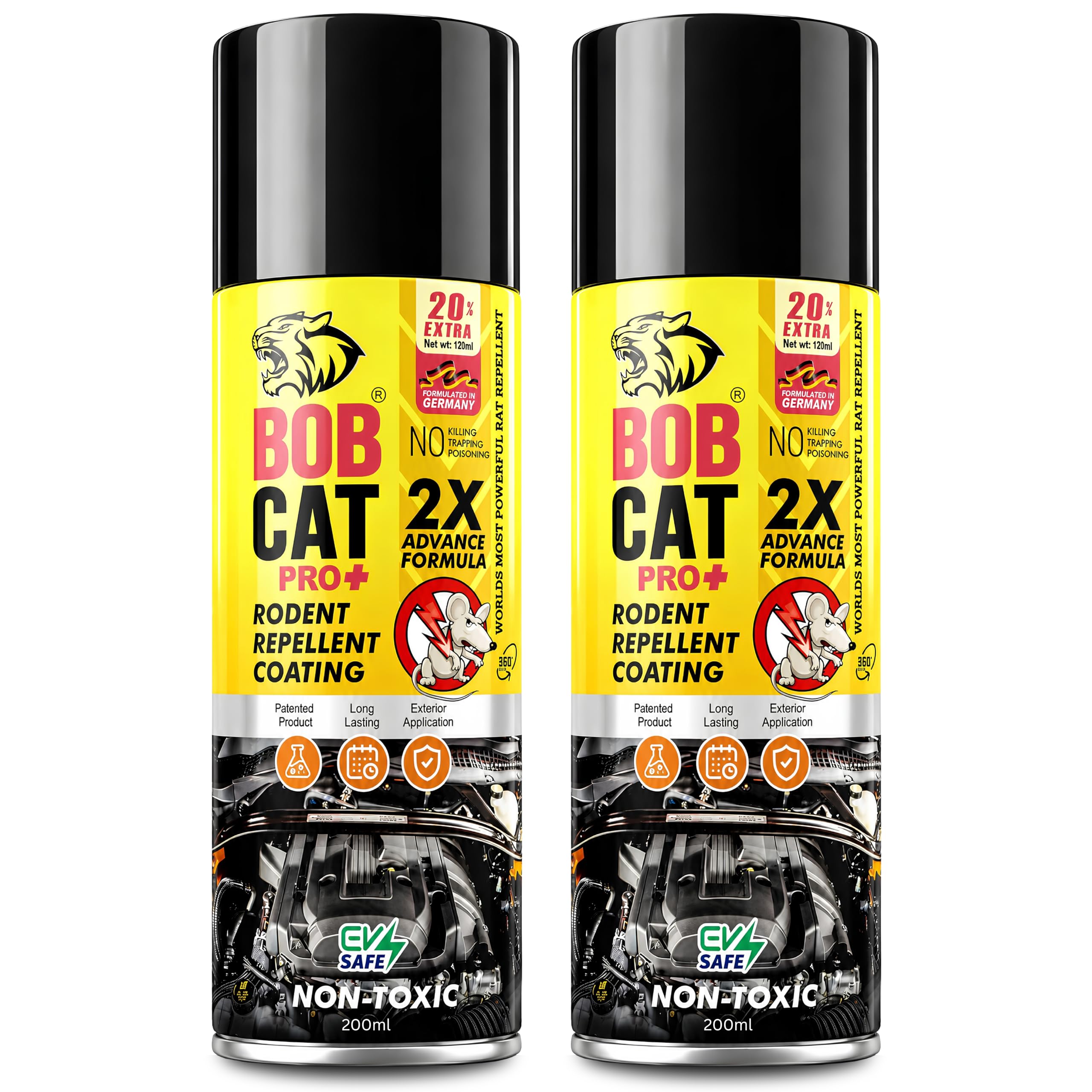 BOB CAT Highly Effective No Entry Rat Repellent Spray for Cars with Mask and Gloves (Black, 200 ml Pack of 2) - FORMULATION 10X
