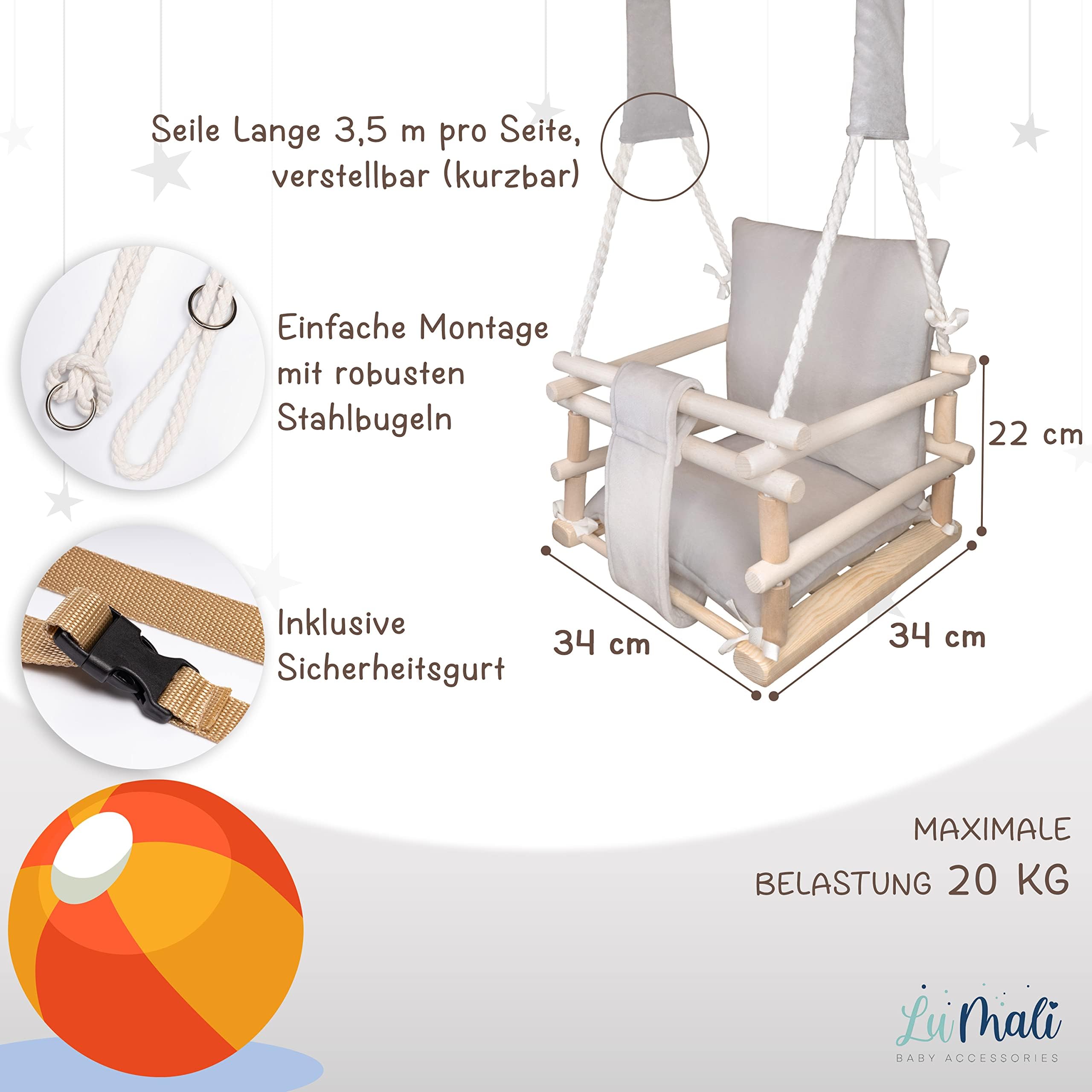 Lumali Holz Babyschaukel Indoor 3in1 – Mit Kissen & Sicherheitsgurt – Made In Polen