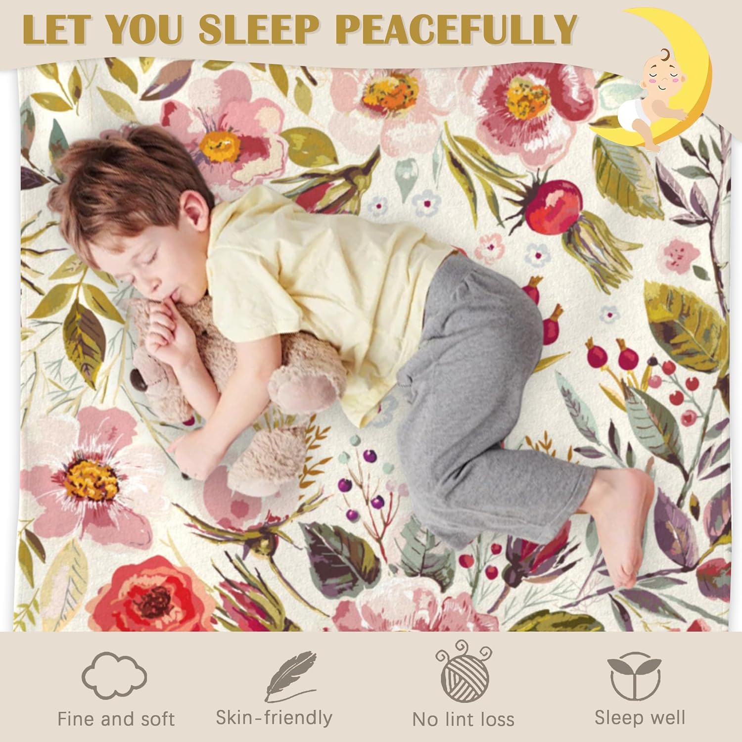 Wildflowers Floral Blanket, Botanical Floral Soft Lightweight Throw Blanket for Sofa Couch Bed Room 50x60 inch