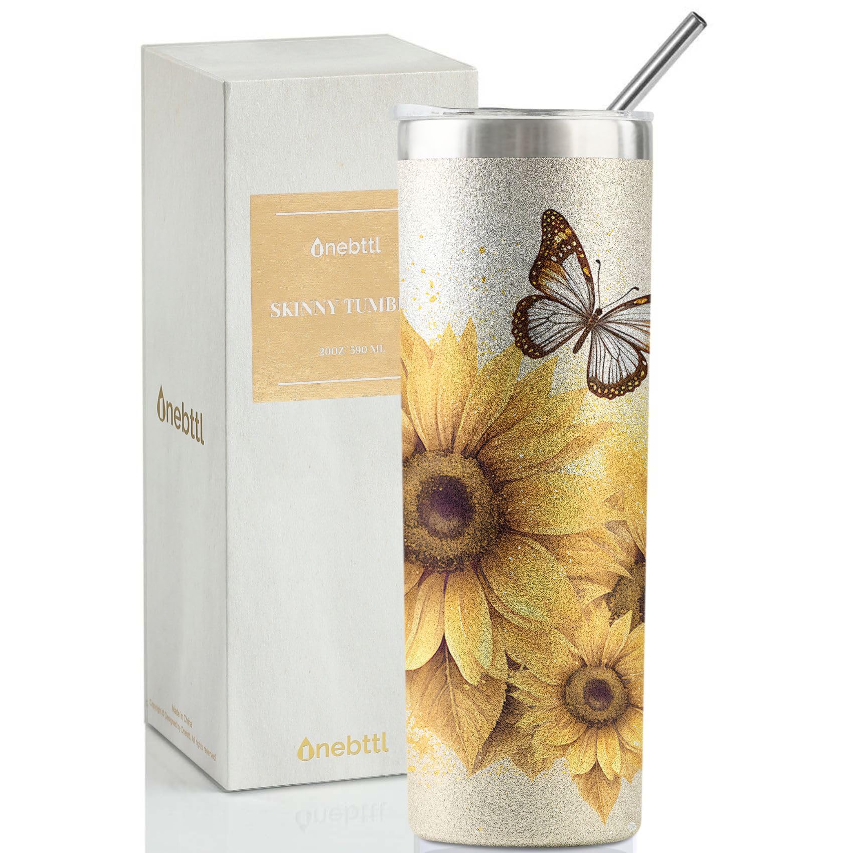 Sunflower Butterfly Gifts for Sunflower Lovers, 20oz Insulated Stainless Steel Tumblers with Lids and Straws, Perfect Gifts for Best Friend, Christmas, Birthday - Butterfly