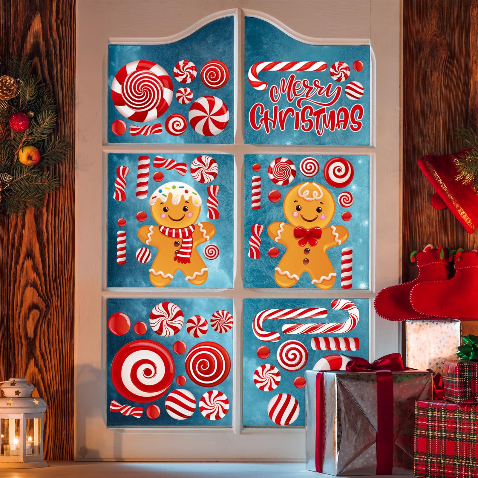 Maimegatt Christmas Window Clings - Candyland Decorations, Stickers With Candy Cane Gingerbread Decals for Xmas Home Shop Display, Winter Glass Decoration, 8 Sheets