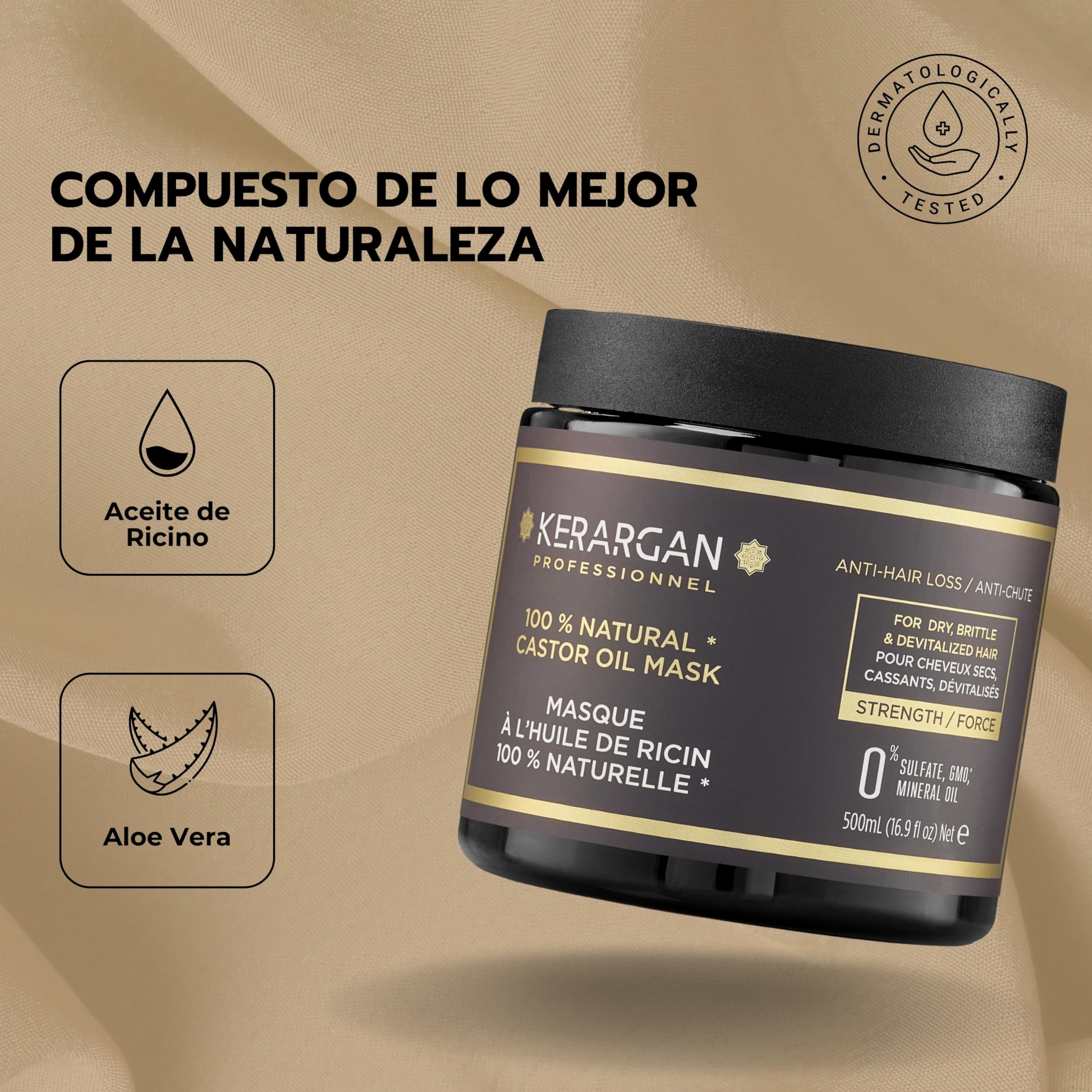 Kerargan Mascarilla Capilar Anti-Caída con Aceite de Ricino, Aloe Vera - 500ml