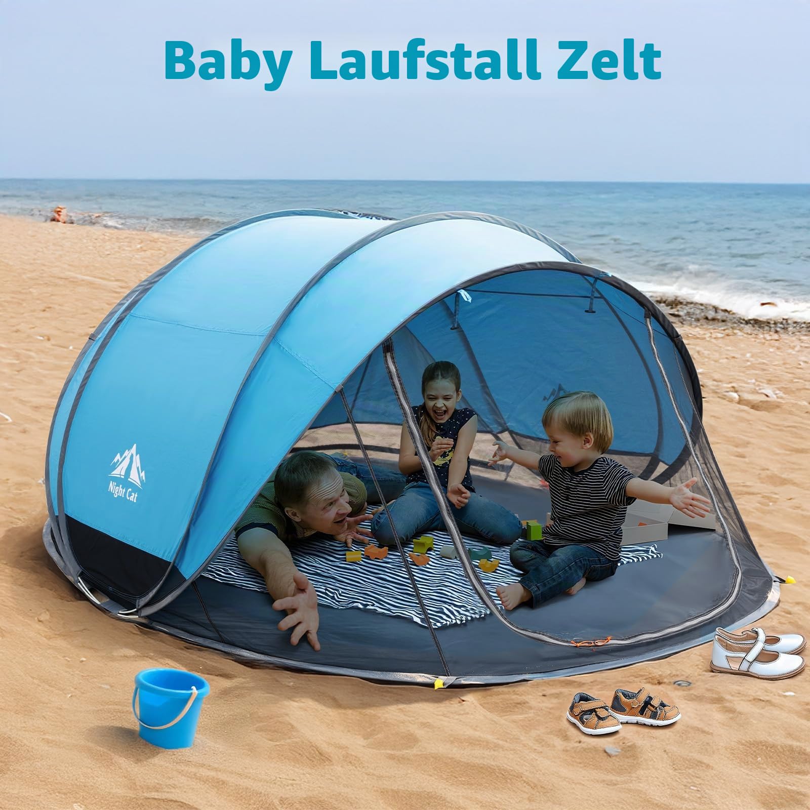 NIght Cat Pop Up Strand Zelt: 3 4 Personen Camping Strandmuschel mit Moskitonetz uv Schutz 50+ Sonnenschutz für Outdoor