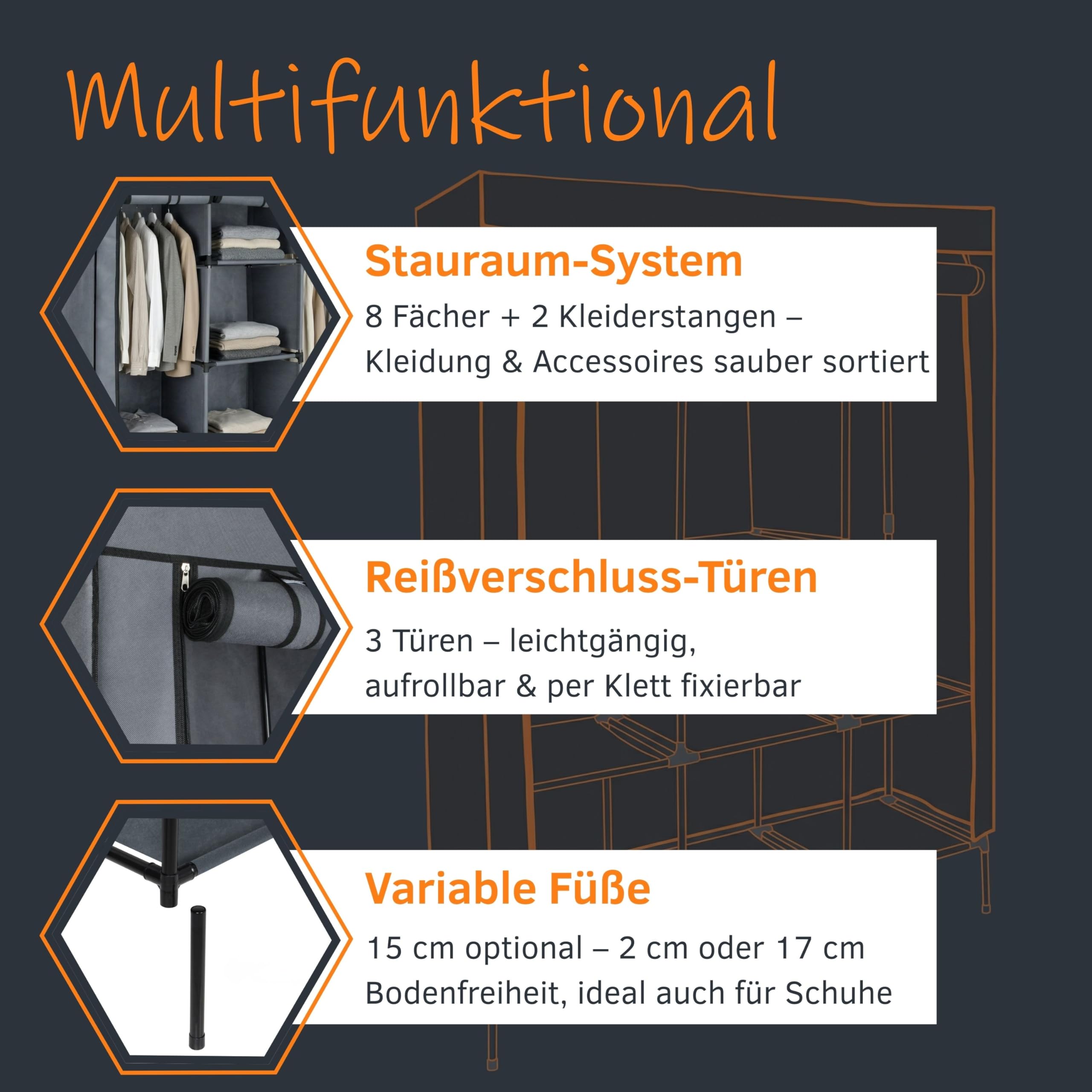 your GEAR Kleiderschrank Grado 130x45x175 cm – Stoffschrank mit 2 Kleiderstangen & 9 Ablagen – Textilschrank XXL Organizer für Schlafzimmer & Kinderzimmer – Faltschrank Garderobe