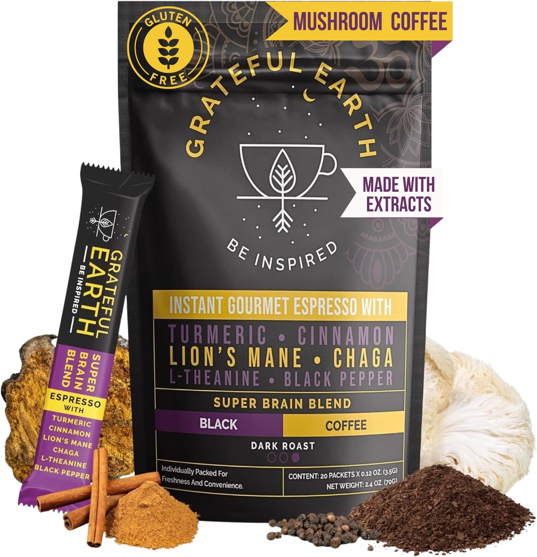 Mushroom Coffee, Instant Espresso with Lion’s Mane Mushrooms, Chaga, L-Theanine, Super Brain Nootropic Blend, Focus, Energy, Immune Support & Gut Health, Dairy & Gluten Free, 20 Packets