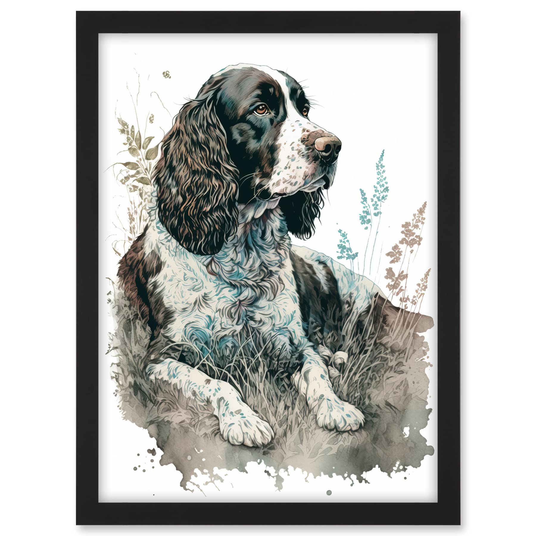 Artery8 English Springer Spaniel Dog Lying in Field Modern Watercolour Illustration Artwork Framed A3 Wall Art Print