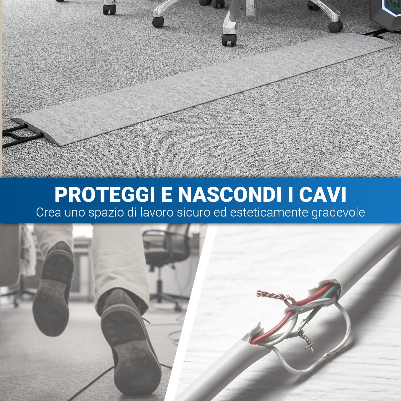 PUNCIA Canalina per Cavi Adesiva Autoadesiva 3 Pezzi 120 cm Passacavo | Pavimento in PET Copricavi Elettrici Antiscivolo per Ufficio Casa Negozio Evita Rischio Inciampo e Protegge i Cavi (Grigio)