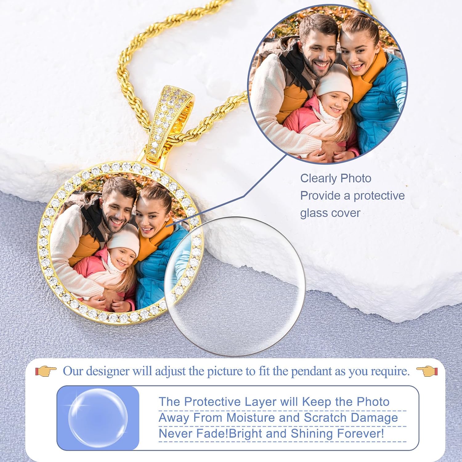 YIMERAIRE Customized Picture Necklace 18k Gold Plated Black/Gold/Silver Personalized Circle Chain Picture Dog Tag Pendant CZ Zicronia Custom Photo Pendant for Men Women