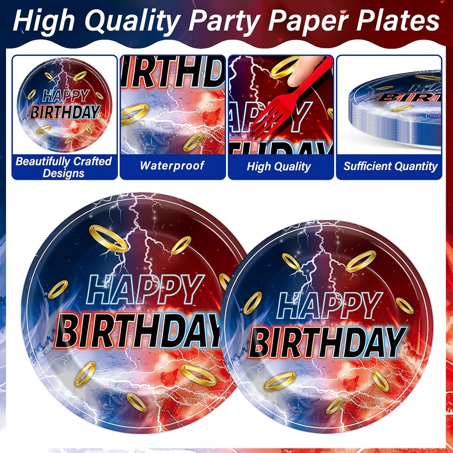 96Pcs Blue with Gold Ring Paper Plates and Napkins Video Game Theme Birthday Party Supplies Blue Golden Cartoon Disposable Dinnerware Tableware Set for Kids Birthday Baby Shower Decoration Serve 24 - Image 3