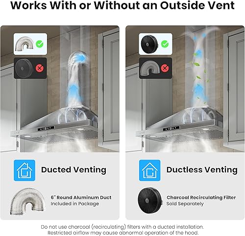 Miniatura 6 de Campana extractora de montaje en pared de 30 pulgadas, 580 CFM, convertible con conductossin conductos, campana de ventilación de cocina de acero