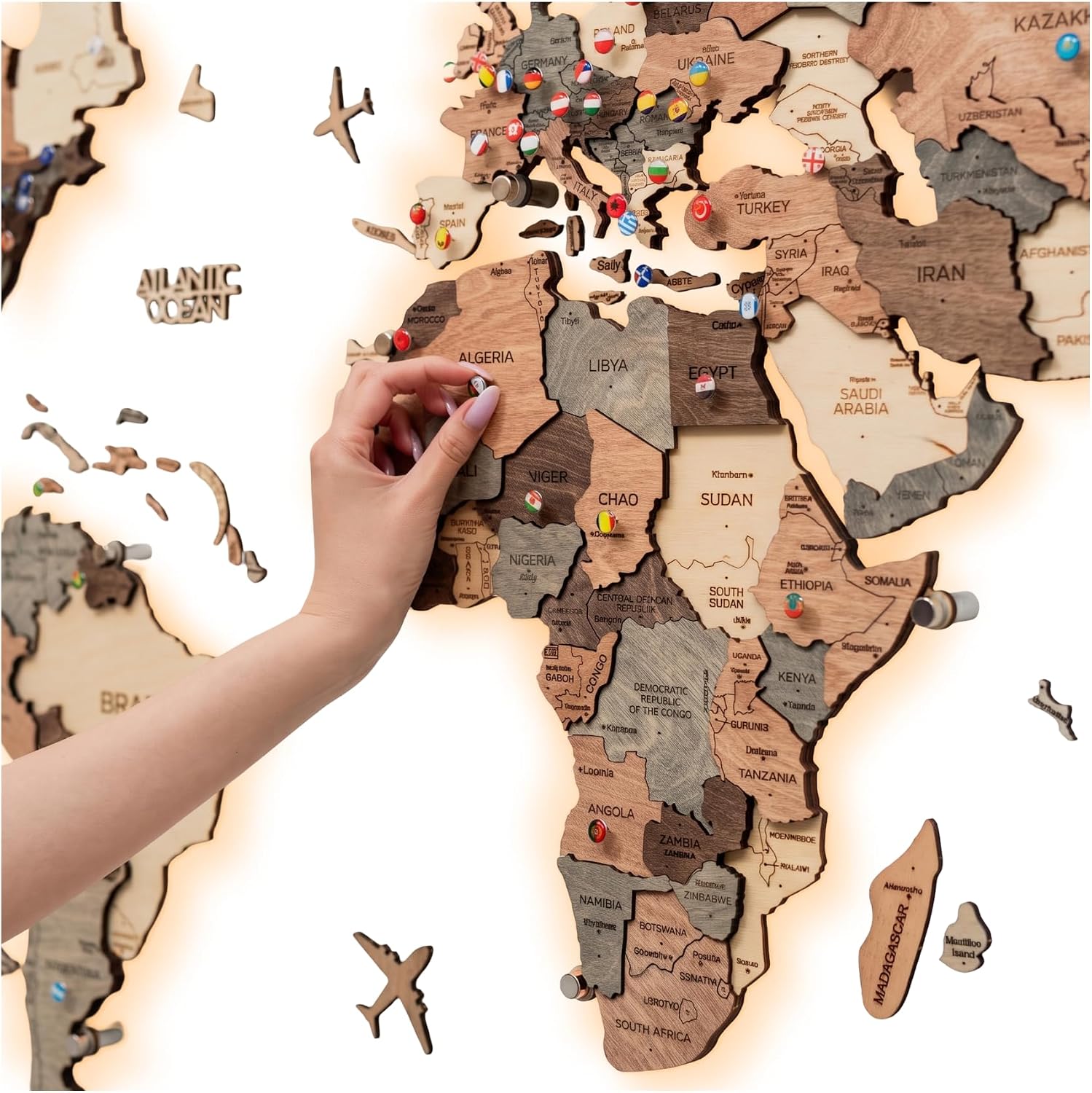 3D Wood World Map LED 3.0 Wall Art with Backlight (Smokey)