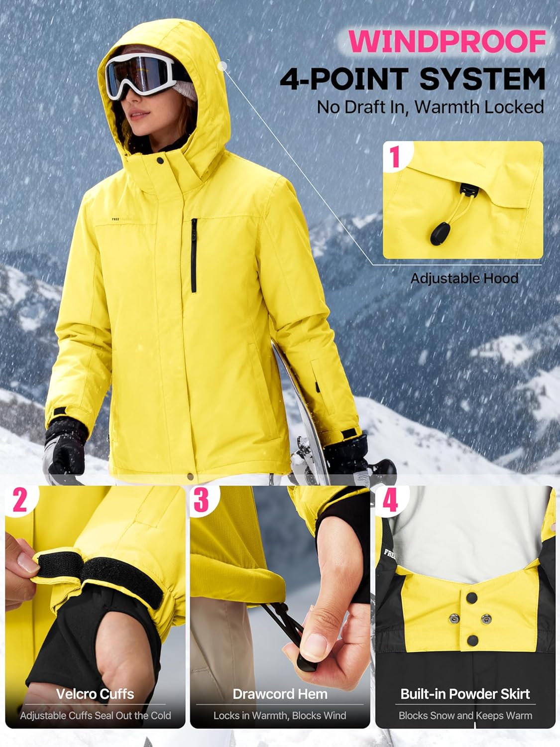 FREE SOLDIER レディース 防水 スキー スノージャケット フリース 裏地 暖かい 冬 レインジャケット フード付き 完全